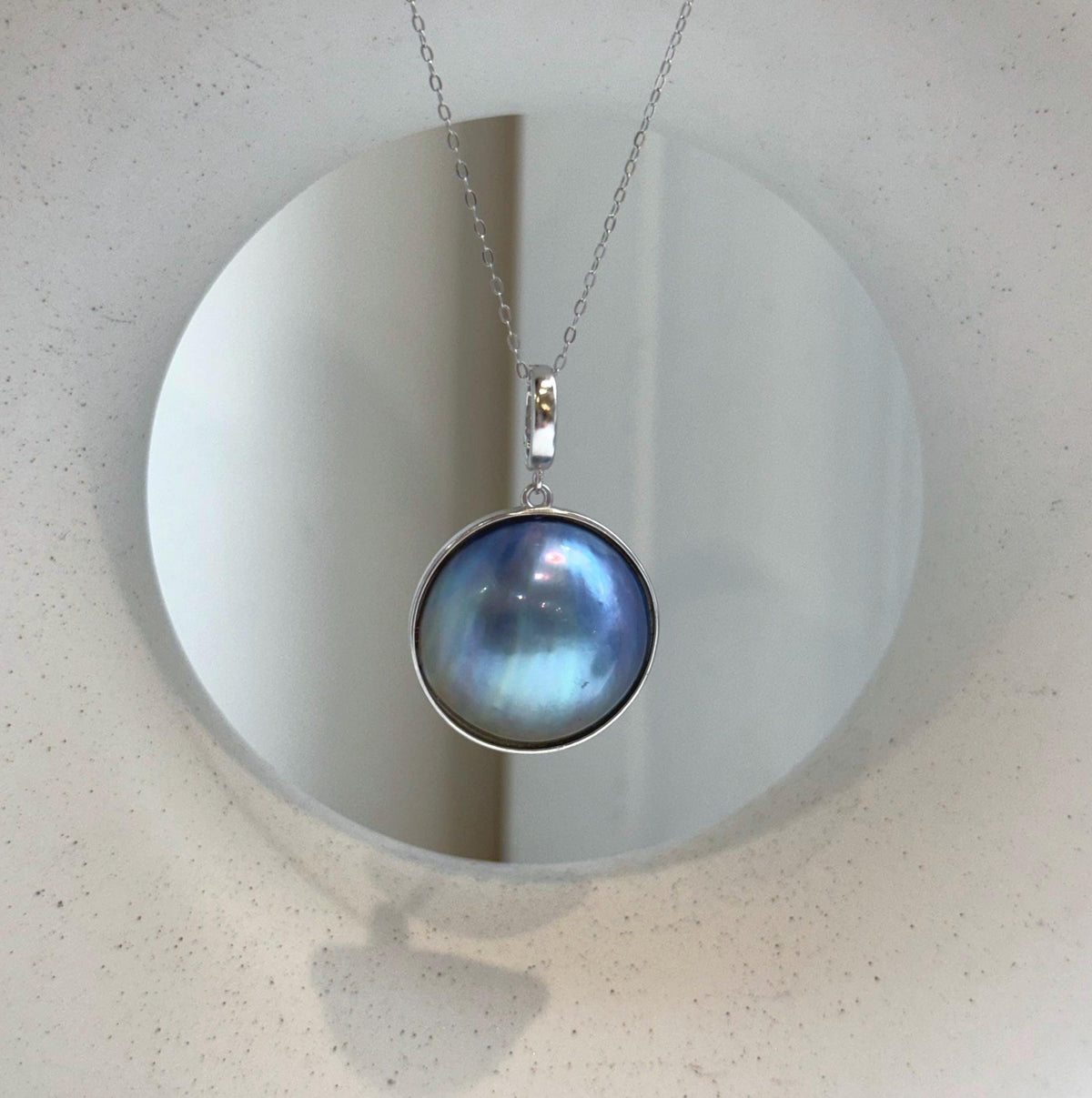 Elly’s Insale 20.5mm blue purple iridescent Ocean Round Mabe Pearl Pendant: Extreme luster, S925 Silver base pendant Necklace Set.gift for her