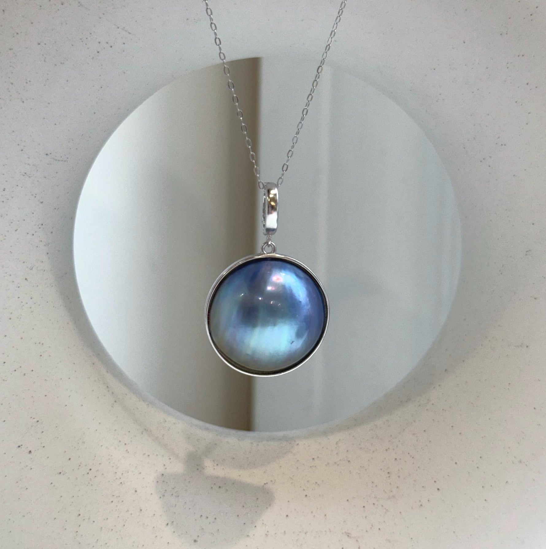 Elly’s Insale 20.5mm blue purple iridescent Ocean Round Mabe Pearl Pendant: Extreme luster, S925 Silver base pendant Necklace Set.gift for her