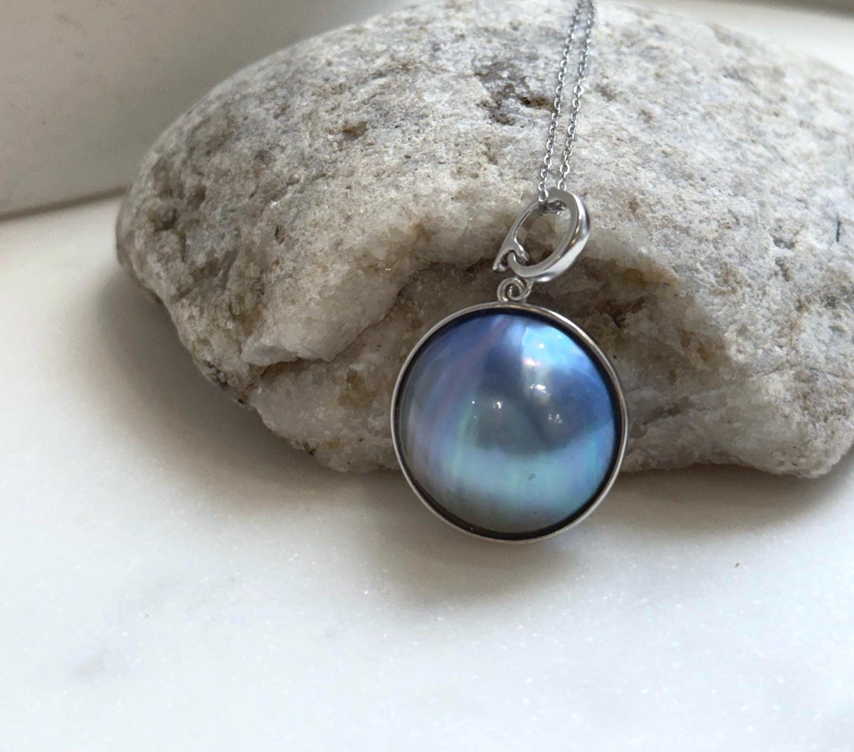 Elly’s Insale 20.5mm blue purple iridescent Ocean Round Mabe Pearl Pendant: Extreme luster, S925 Silver base pendant Necklace Set.gift for her anniversary