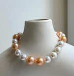 Elly’s 19pcs 8-10.2mm Natural Sunset peach gold White Edison Pearls Bracelet: Extreme luster mirrored, 8” knotted, S925 silver Bracelet. daily office colored pearls bracelet