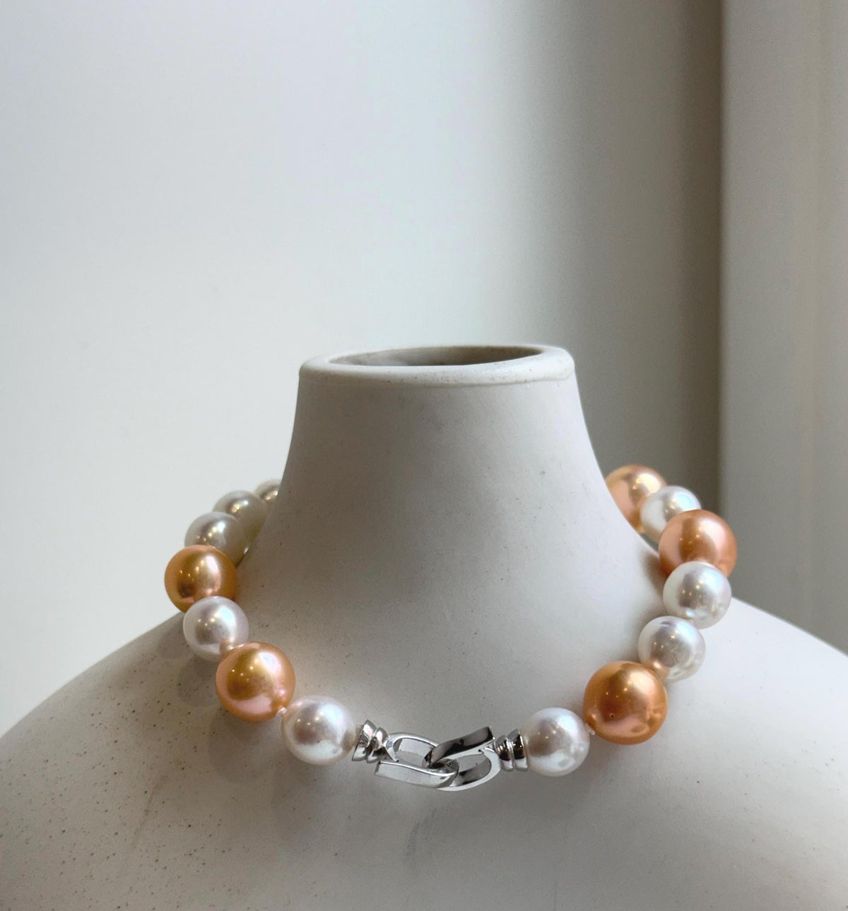 Elly’s 19pcs 8-10.2mm Natural Sunset peach gold White Edison Pearls Bracelet: Extreme luster mirrored, 8” knotted, S925 silver Bracelet. daily office colored pearls bracelet