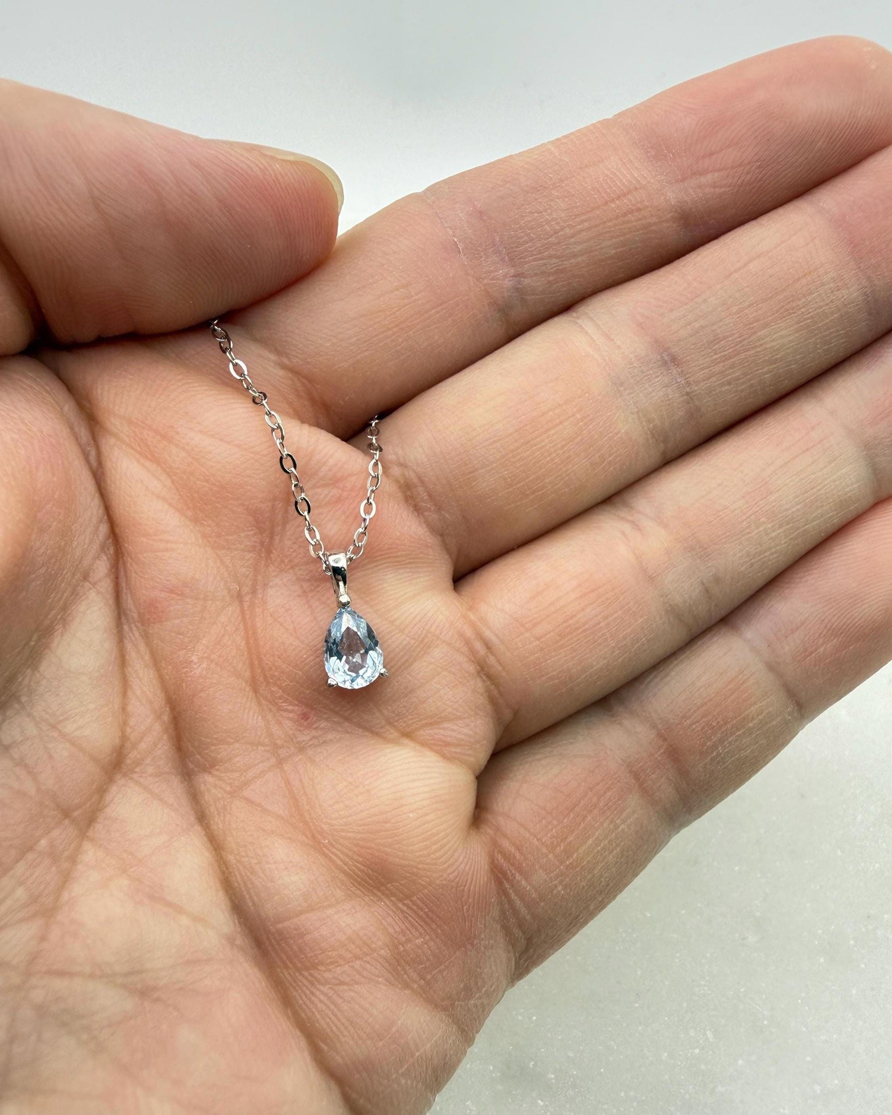 Santa Maria Blue Teardrop Aquamarine Necklace, 1.0-2.0ct Teardrop Lab Aquamarine Pendant, Solid Sterling Silver Jewelry