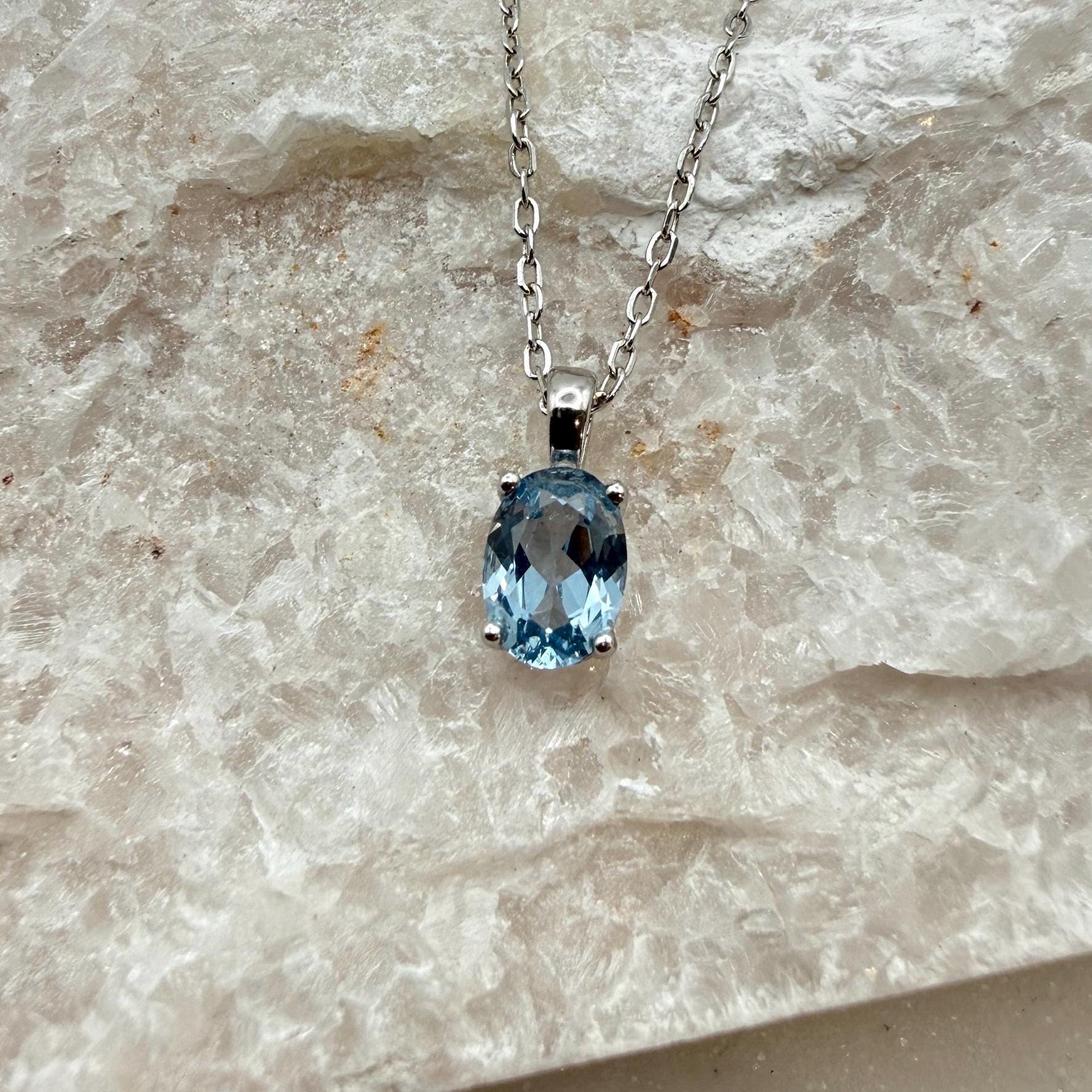 Sea Blue Oval Aquamarine Necklace, 1.0-1.5ct Lab Aquamarine Solitaire Pendant, Solid Sterling Silver Jewelry
