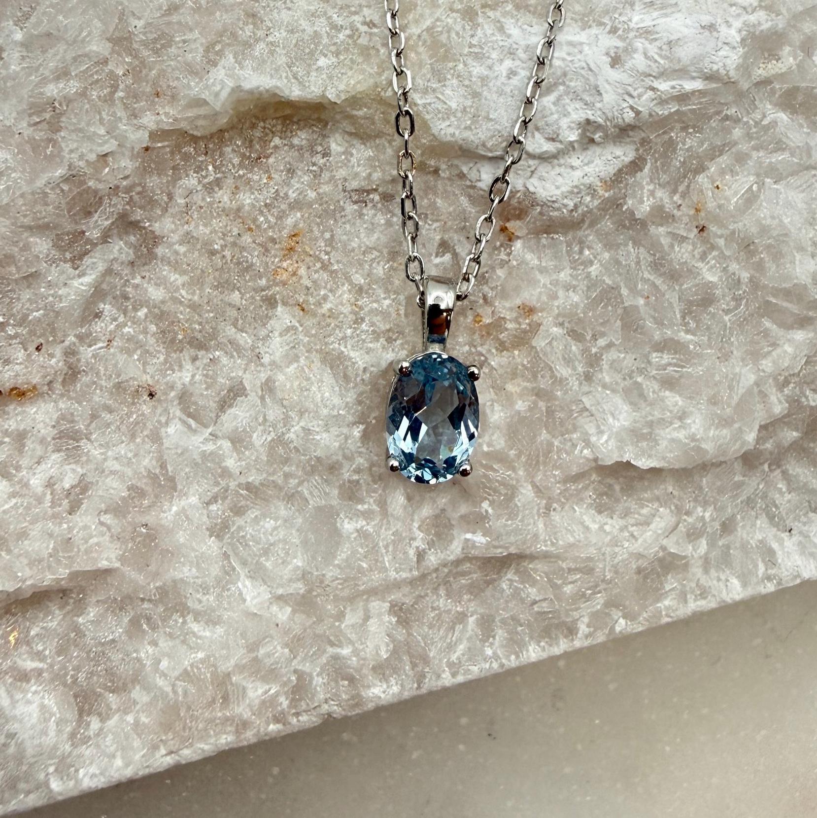 Sea Blue Oval Aquamarine Necklace, 1.0-1.5ct Lab Aquamarine Solitaire Pendant, Solid Sterling Silver Jewelry