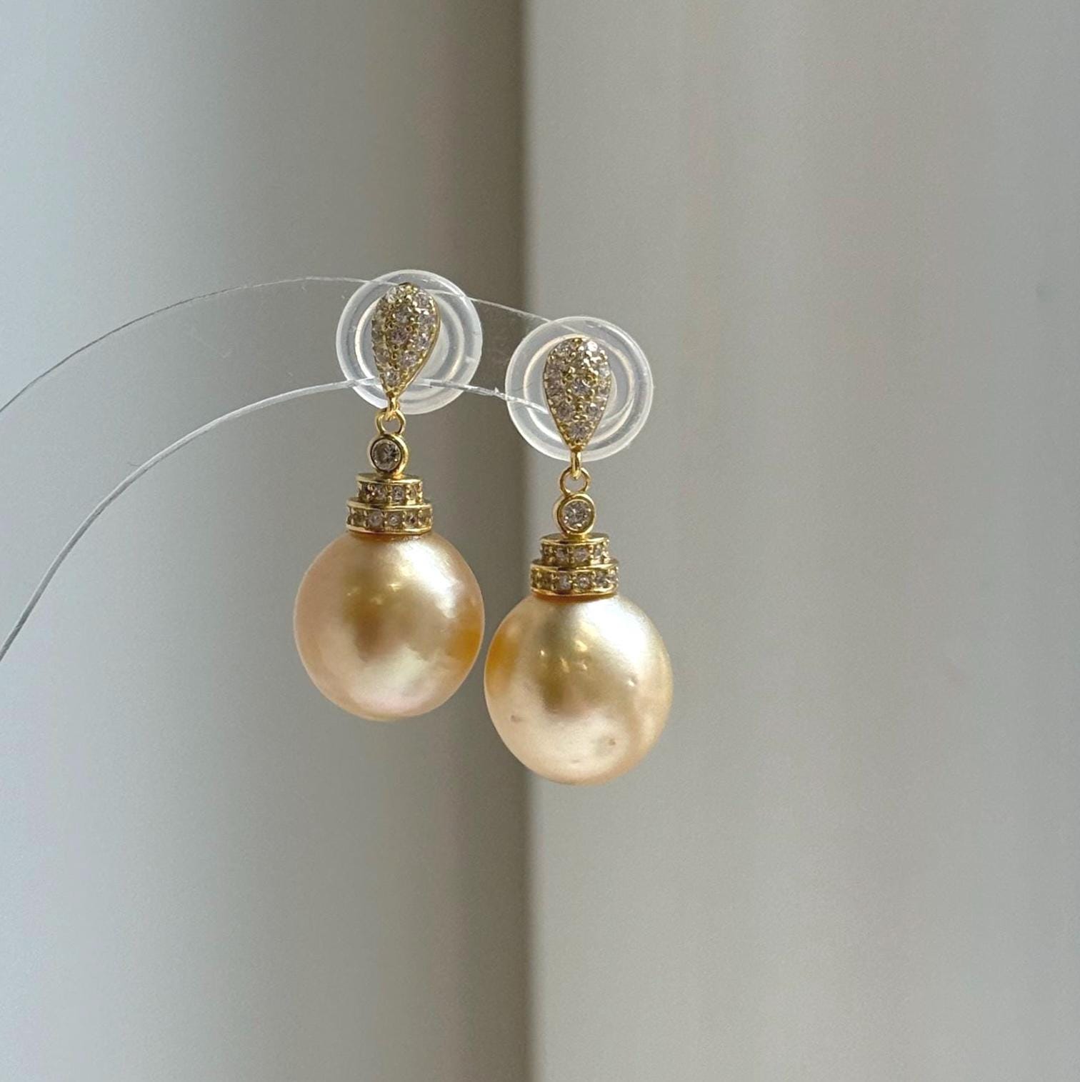 Elly’s 12.2mm South sea golden ocean Pearls Earrings: Extreme luster mirrored, 2.9cm high, S925 silver earrings chandeliers. gift for her daily golden pearls earrings