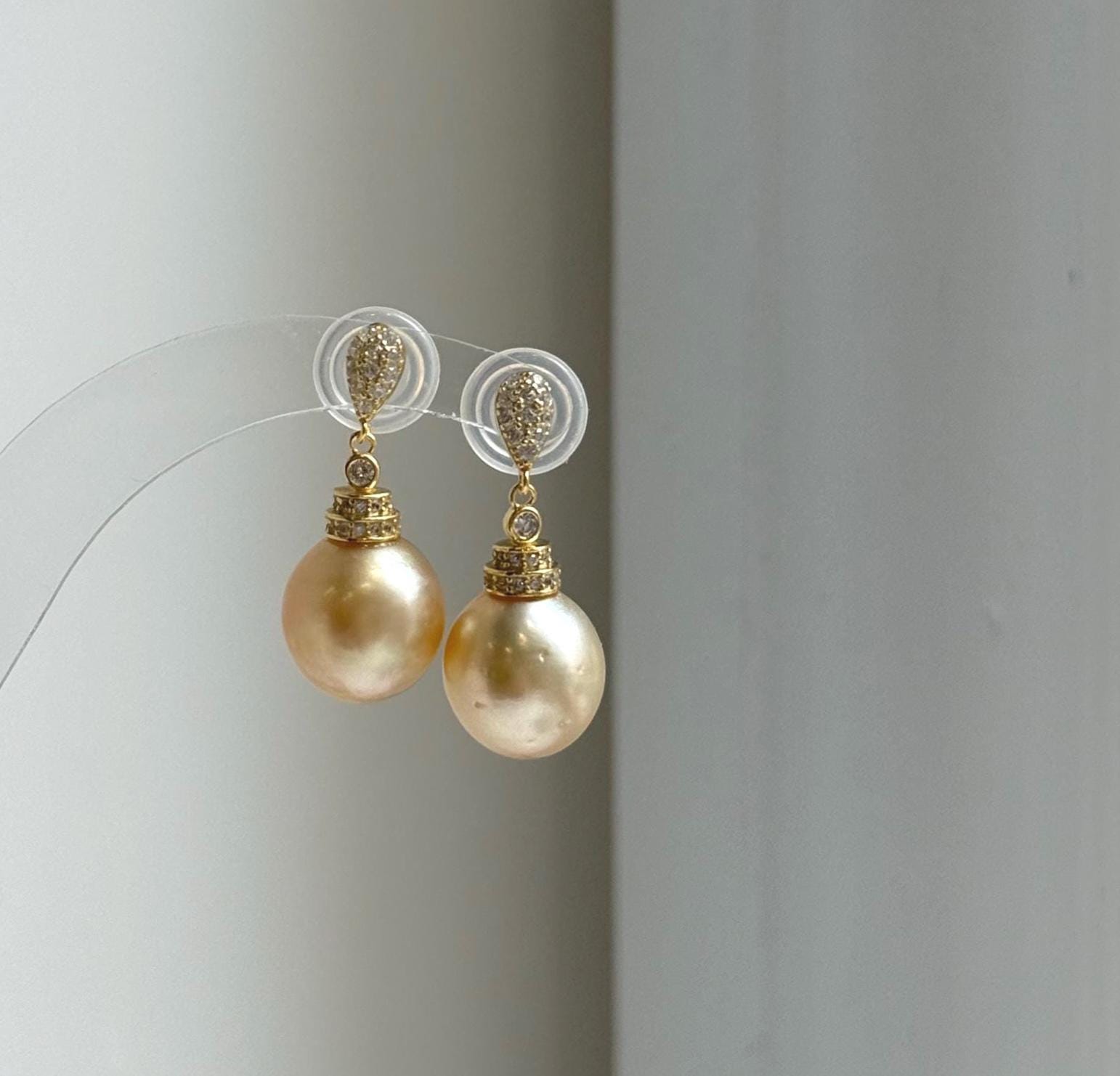 Elly’s 12.2mm South sea golden ocean Pearls Earrings: Extreme luster mirrored, 2.9cm high, S925 silver earrings chandeliers. gift for her daily golden pearls earrings