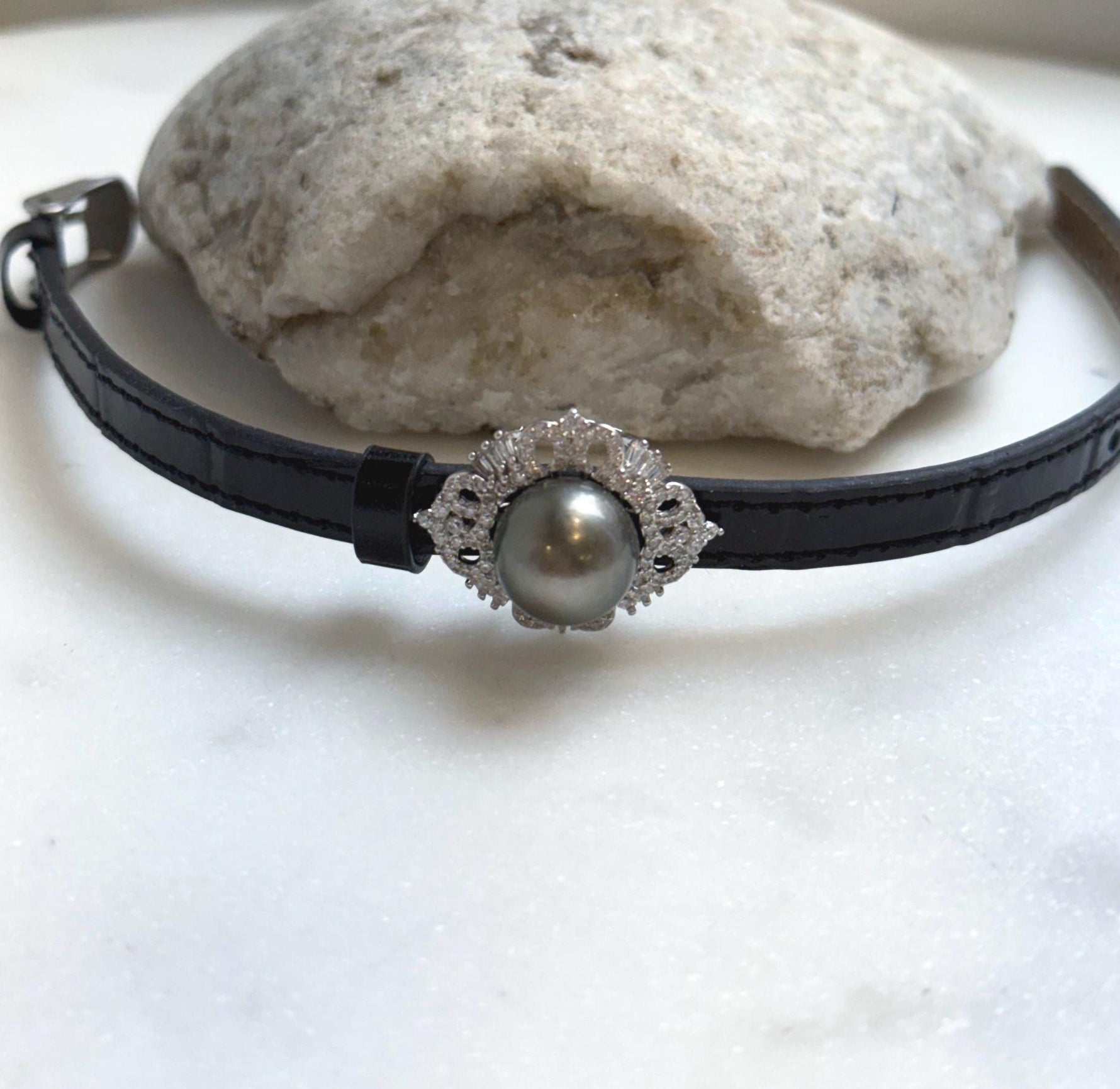Elly’s 11.7mm Tahitian Platinum Ocean Pearl Genius Leather Strap Bracelet: Extreme luster mirrored, for 6.1”- 8” wrist. gift for her holiday