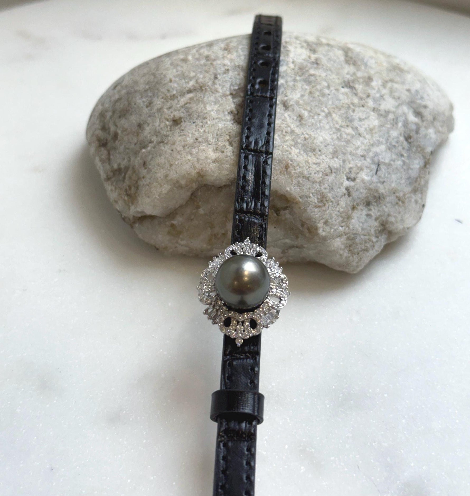 Elly’s 11.7mm Tahitian Platinum Ocean Pearl Genius Leather Strap Bracelet: Extreme luster mirrored, for 6.1”- 8” wrist. gift for her