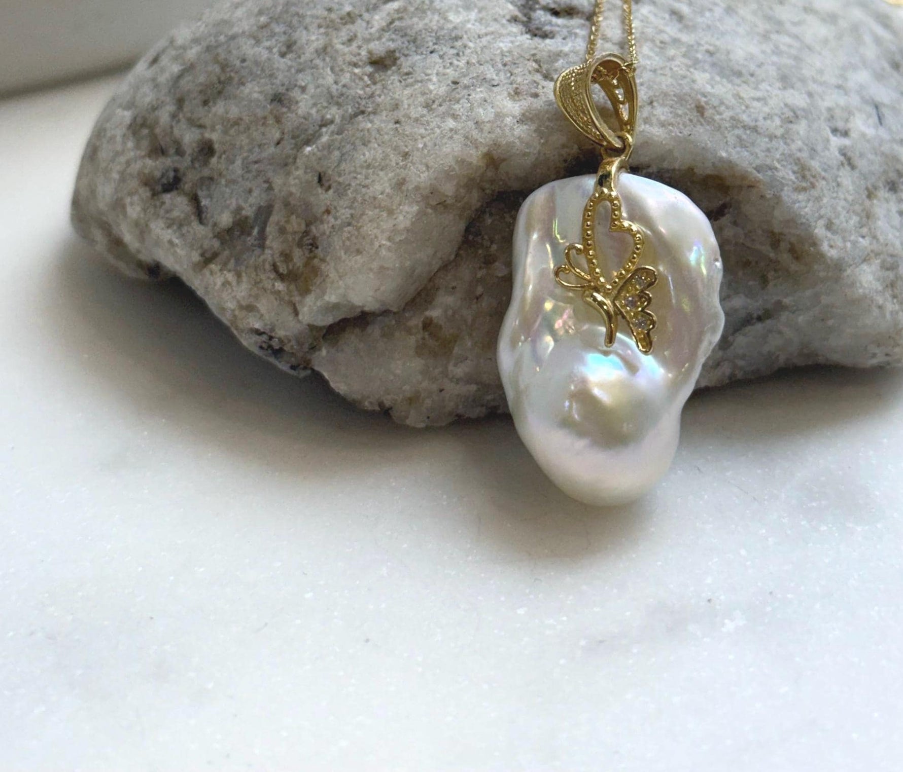 Elly’s Insale White Iridescent baroque pearl Pendant: Extreme luster, 19.4x27mm, 4cm high, S925 silver butterfly pendant. gift for her