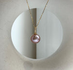 Elly’s 13.7mm Edison Rose Mauve Pearl Minimalist Pendant: Extreme luster mirrored, 2.3cm high, s925 silver pendant necklace set. gift for her