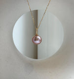 Elly’s 13.7mm Edison Rose Mauve Pearl Minimalist Pendant: Extreme luster mirrored, 2.3cm high, s925 silver pendant necklace set. gift for her