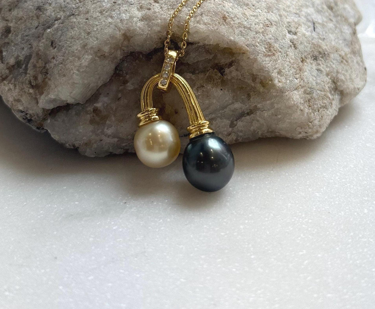 Elly’s Double South sea Golden Black platinum Tahitian pearls Pendant: 9.1-10.3mm, 1.7x3cm, Extreme luster, S925 Silver Cool pendant. high quality golden black pearls pendant gift for her