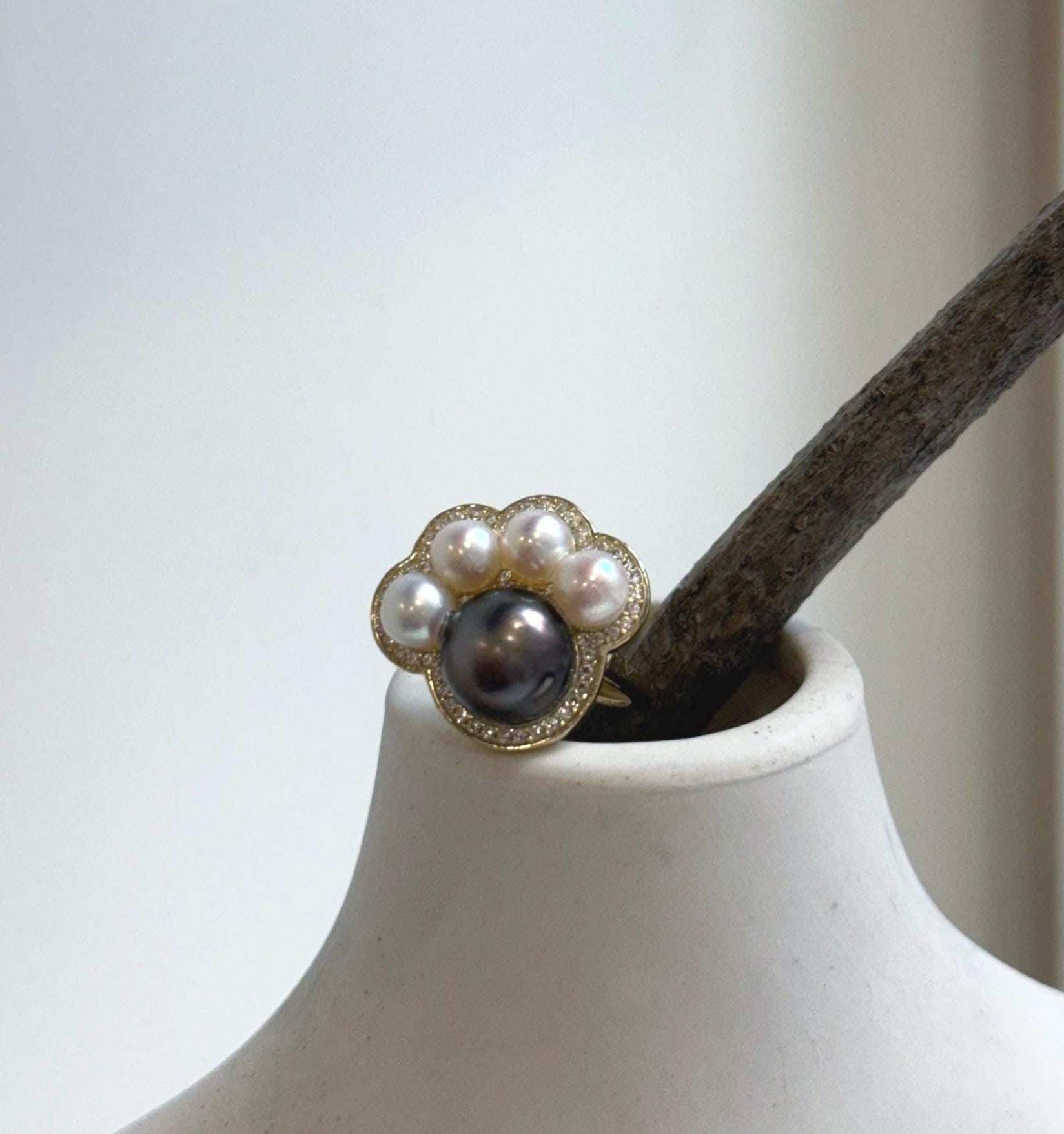 Elly’s 5-9.2mm Tahitian Freshwater Pearls Paw Ring: Extreme luster mirrored, 1.8x2cm, S925 Silver Adjustable Ring.gift for her party
