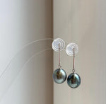 Elly’s 10.4mm Tahitian Peacock green hunter ocean pearls earrings: Extreme luster mirrored, S925 silver fireworks earrings. Pearl jewelry. gift for her