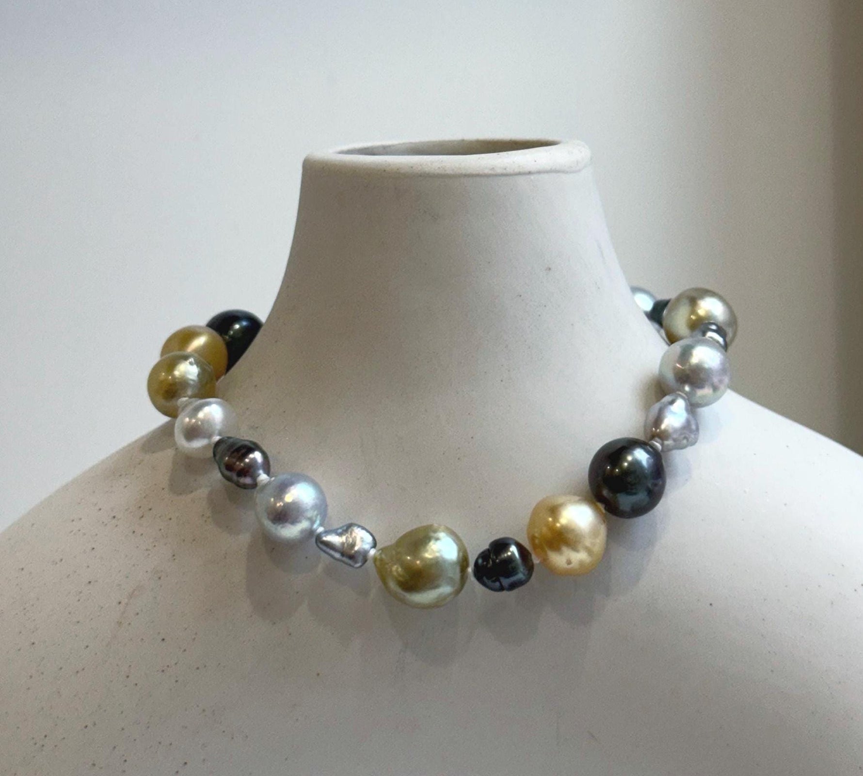 Elly’s Multicolor Ocean Pearls Bracelet: 20pcs South Sea Golden White Tahitian Akoya Pearls, Extreme luster, 3.9-9.4mm, 7.8” knotted, S925 silver bracelet. gift for her