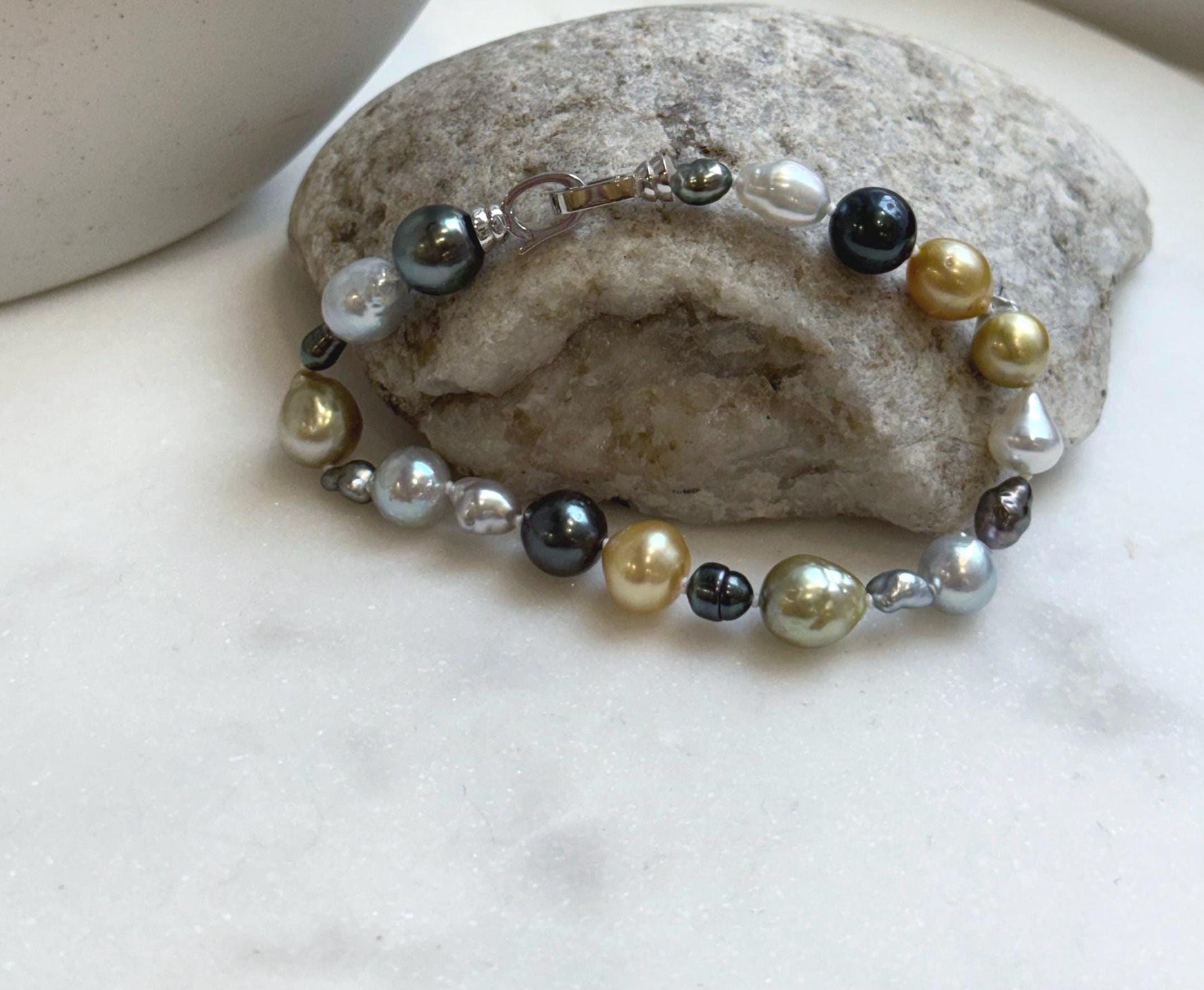 Elly’s Multicolor Ocean Pearls Bracelet: 20pcs South Sea Golden White Tahitian Akoya Pearls, Extreme luster, 3.9-9.4mm, 7.8” knotted, S925 silver bracelet. gift for her daily office wear bracelet