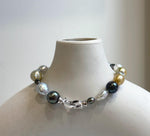 Elly’s Multicolor Ocean Pearls Bracelet: 20pcs South Sea Golden White Tahitian Akoya Pearls, Extreme luster, 3.9-9.4mm, 7.8” knotted, S925 silver bracelet. gift for her daily office wear bracelet