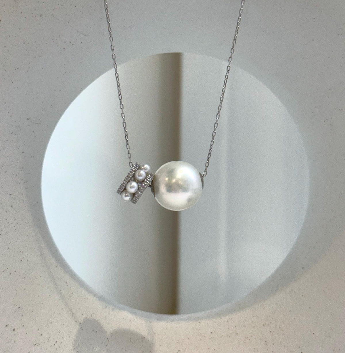 Au750 18k White Gold 13mm White Edison Pearl Floating pendants:Extreme luster mirrored, S925 silver drop and chain included. gift for her birthday anniversary holiday