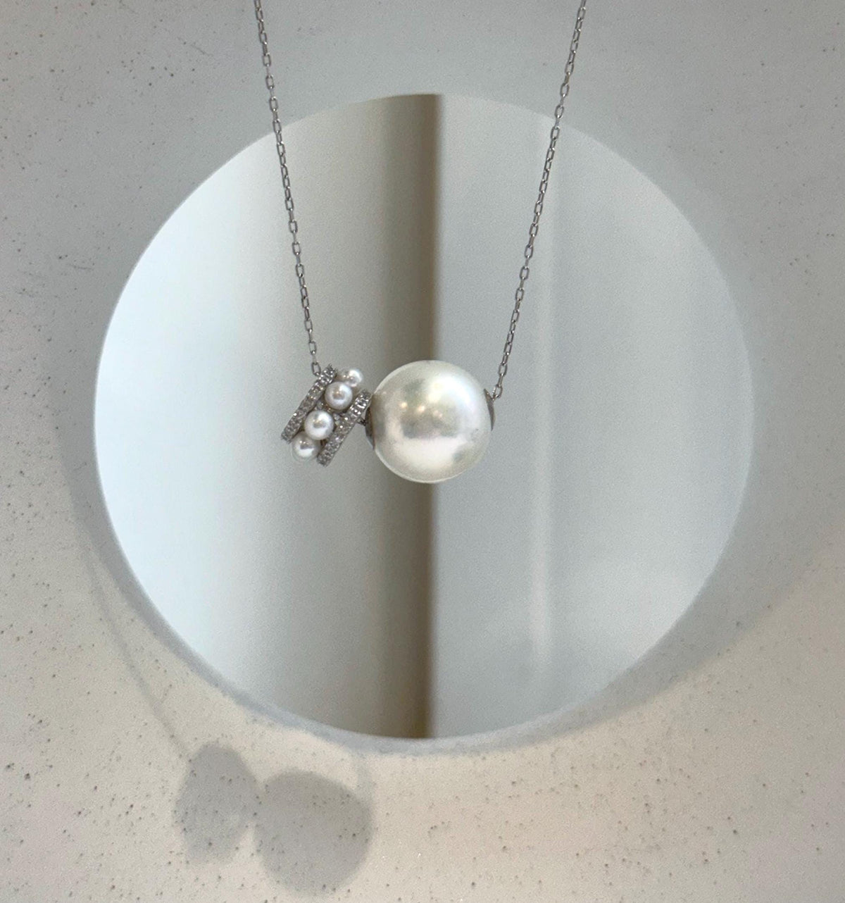 Au750 18k White Gold 13mm White Edison Pearl Floating pendants:Extreme luster mirrored, S925 silver drop and chain included. gift for her birthday anniversary holiday