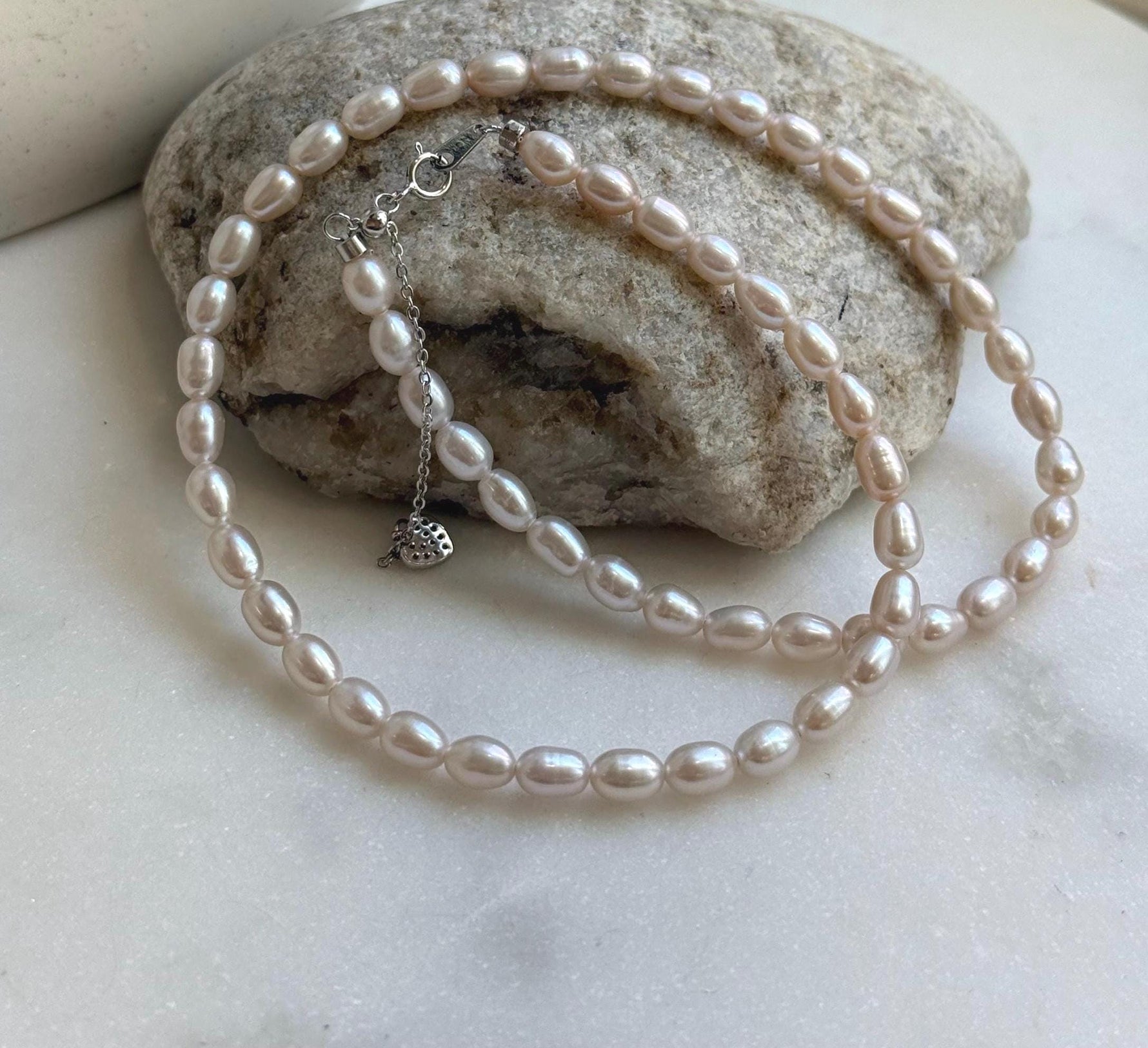 Elly’s 4.5-5mm Akoya ivory rice Keshi pearls necklace:Extreme luster mirrored, to 17.9”, S925 silver necklace strand. gift for her