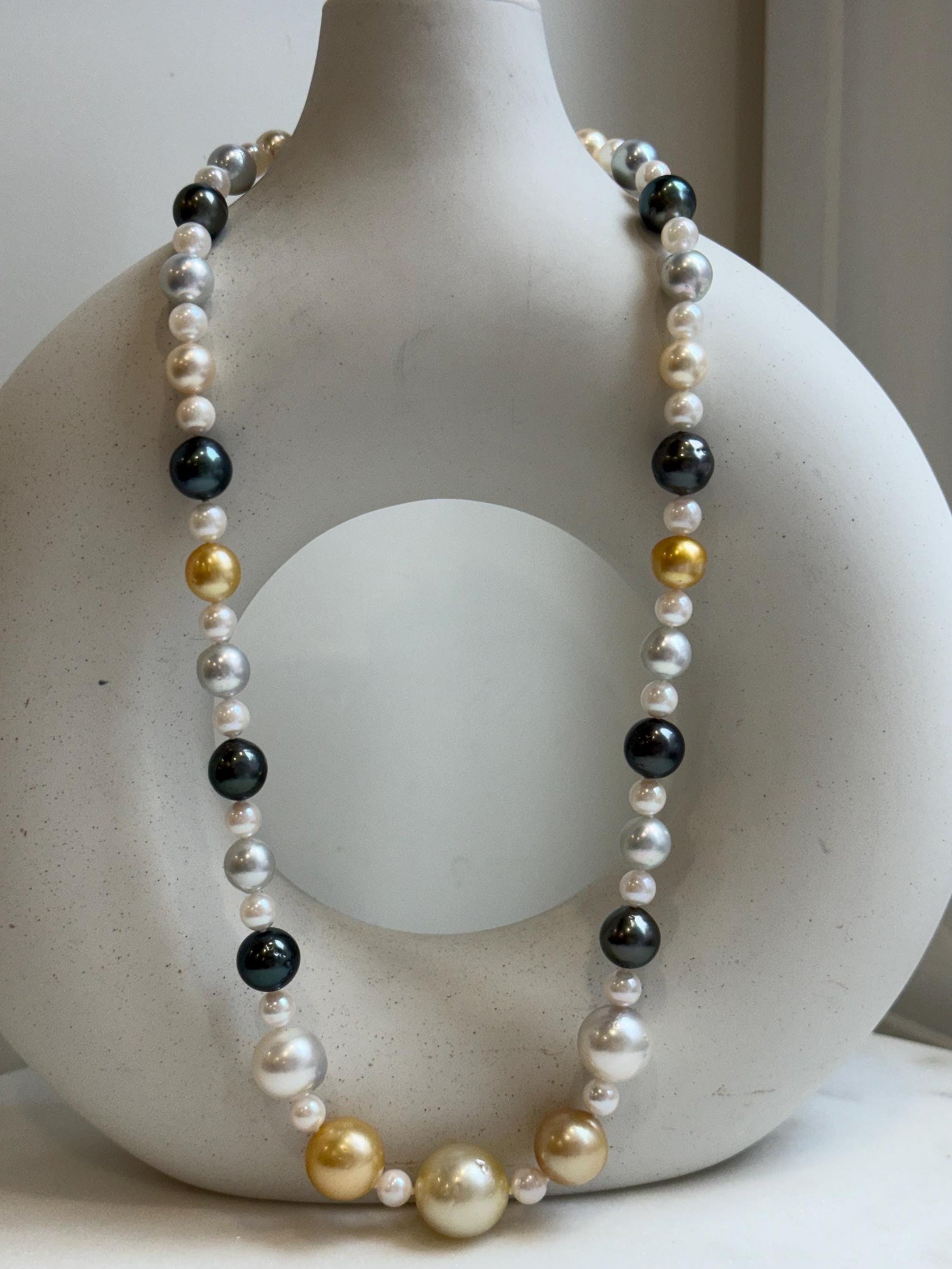 Elly’s 55pcs Multicolor ocean pearls necklace:Extreme luster mirrored, knotted, 18.7”, S925 silver necklace strand. high quality multicolor ocean pearls necklace strand