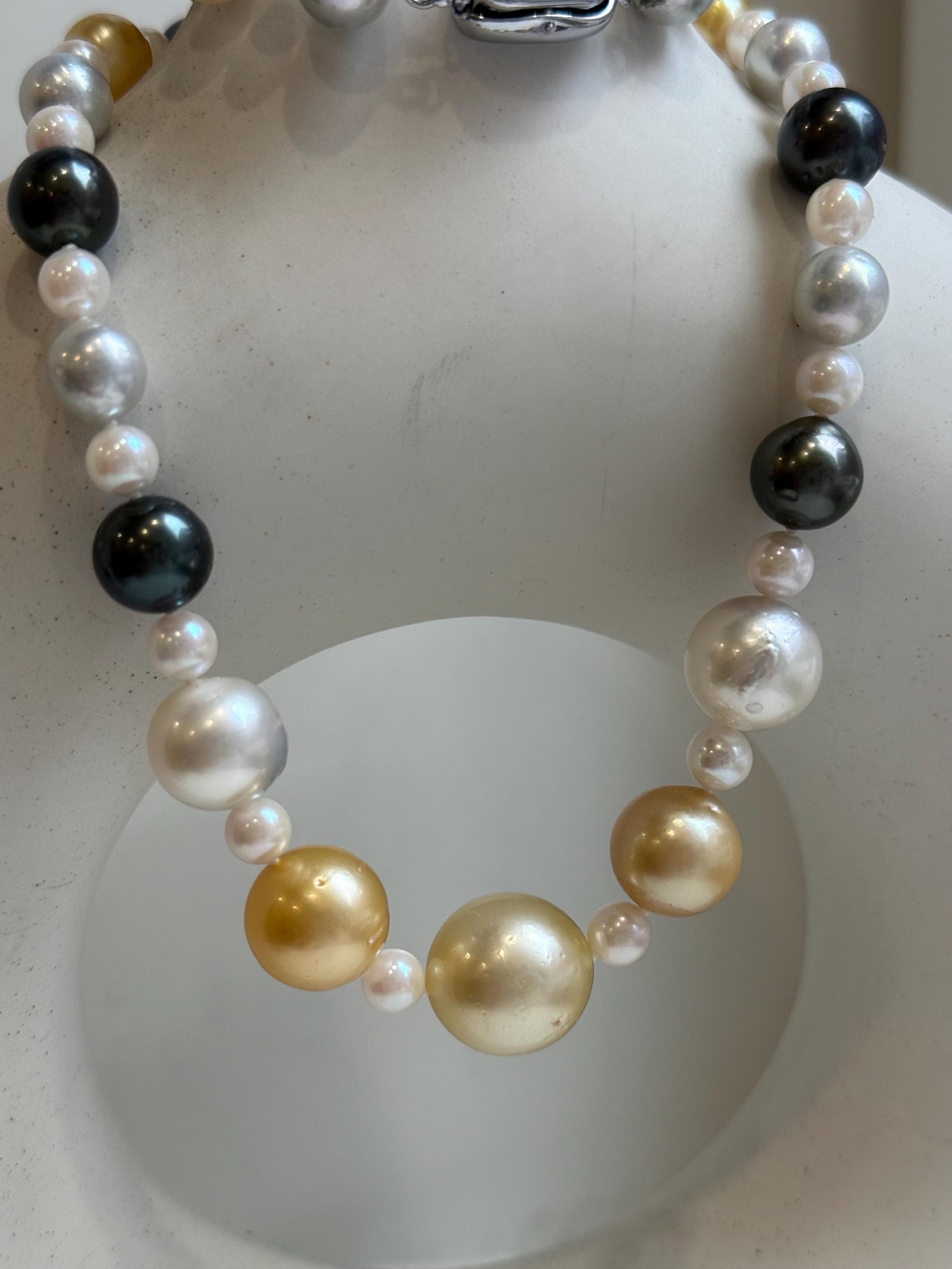 Elly’s 55pcs Multicolor ocean pearls necklace:Extreme luster mirrored, knotted, 18.7”, S925 silver necklace strand. high quality multicolor ocean pearls necklace strand