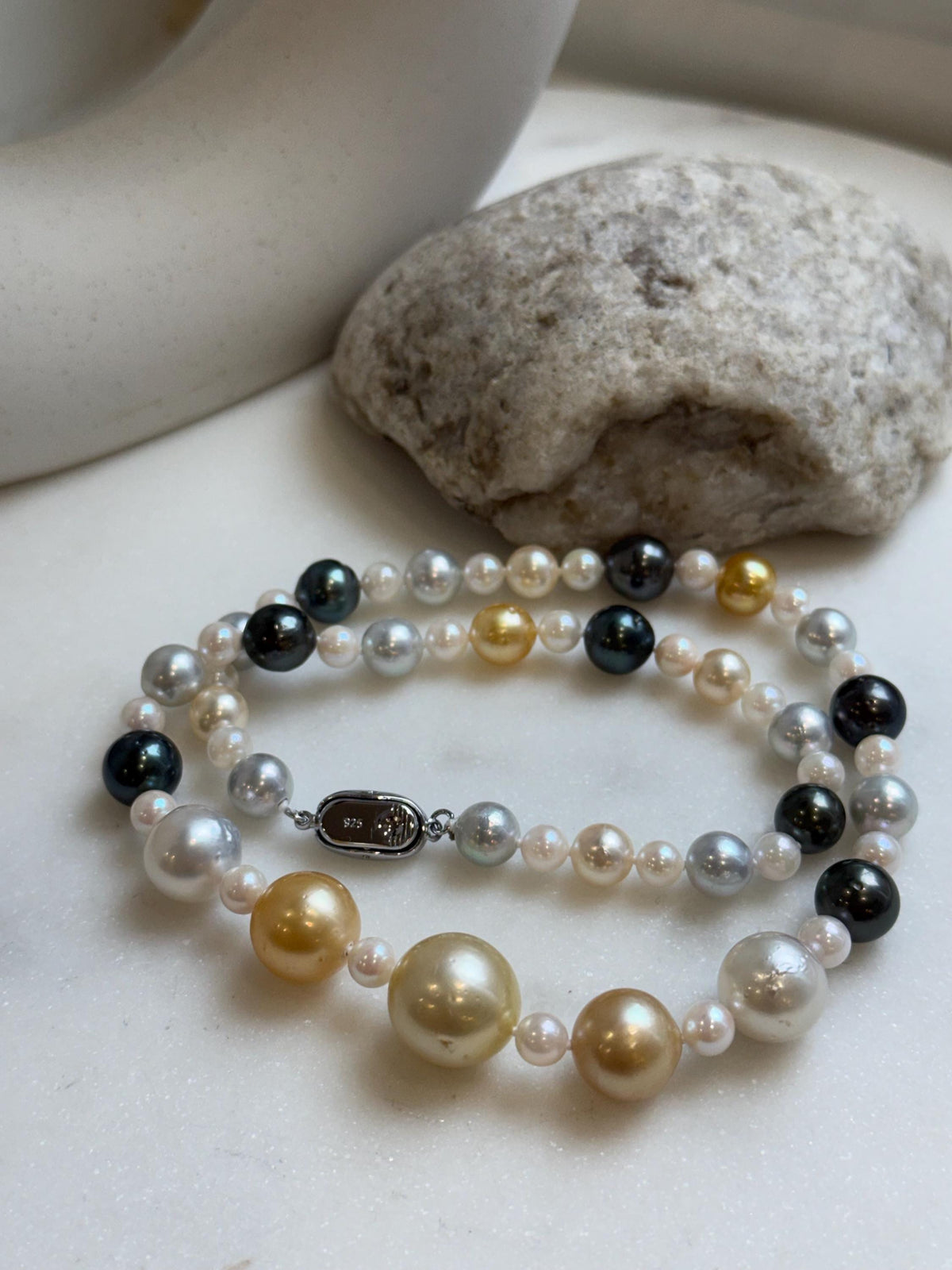 Elly’s 55pcs Multicolor ocean pearls necklace:Extreme luster mirrored, knotted, 18.7”, S925 silver necklace strand. high quality multicolor ocean pearls necklace strand