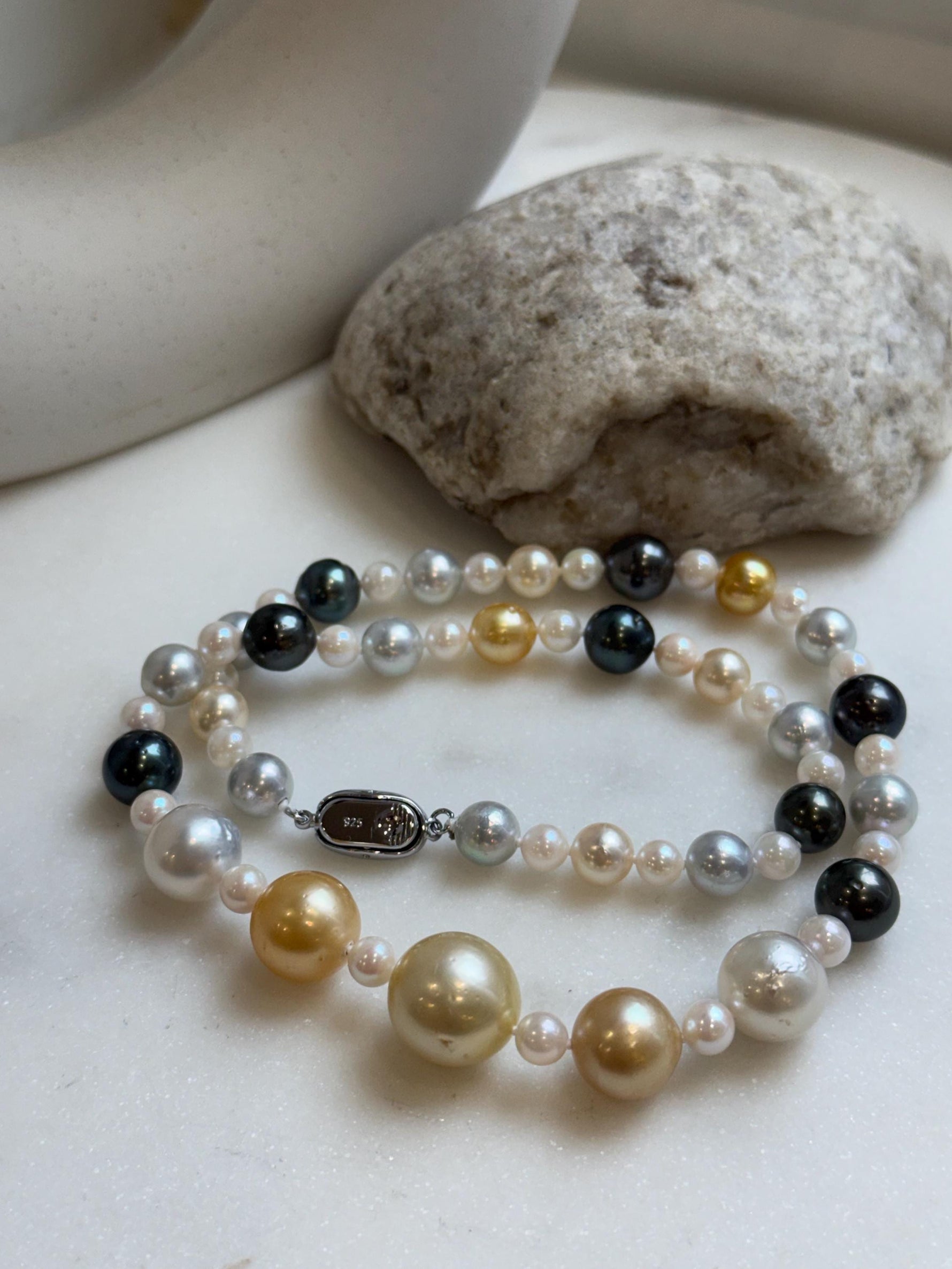 Elly’s 55pcs Multicolor ocean pearls necklace:Extreme luster mirrored, knotted, 18.7”, S925 silver necklace strand. high quality multicolor ocean pearls necklace strand