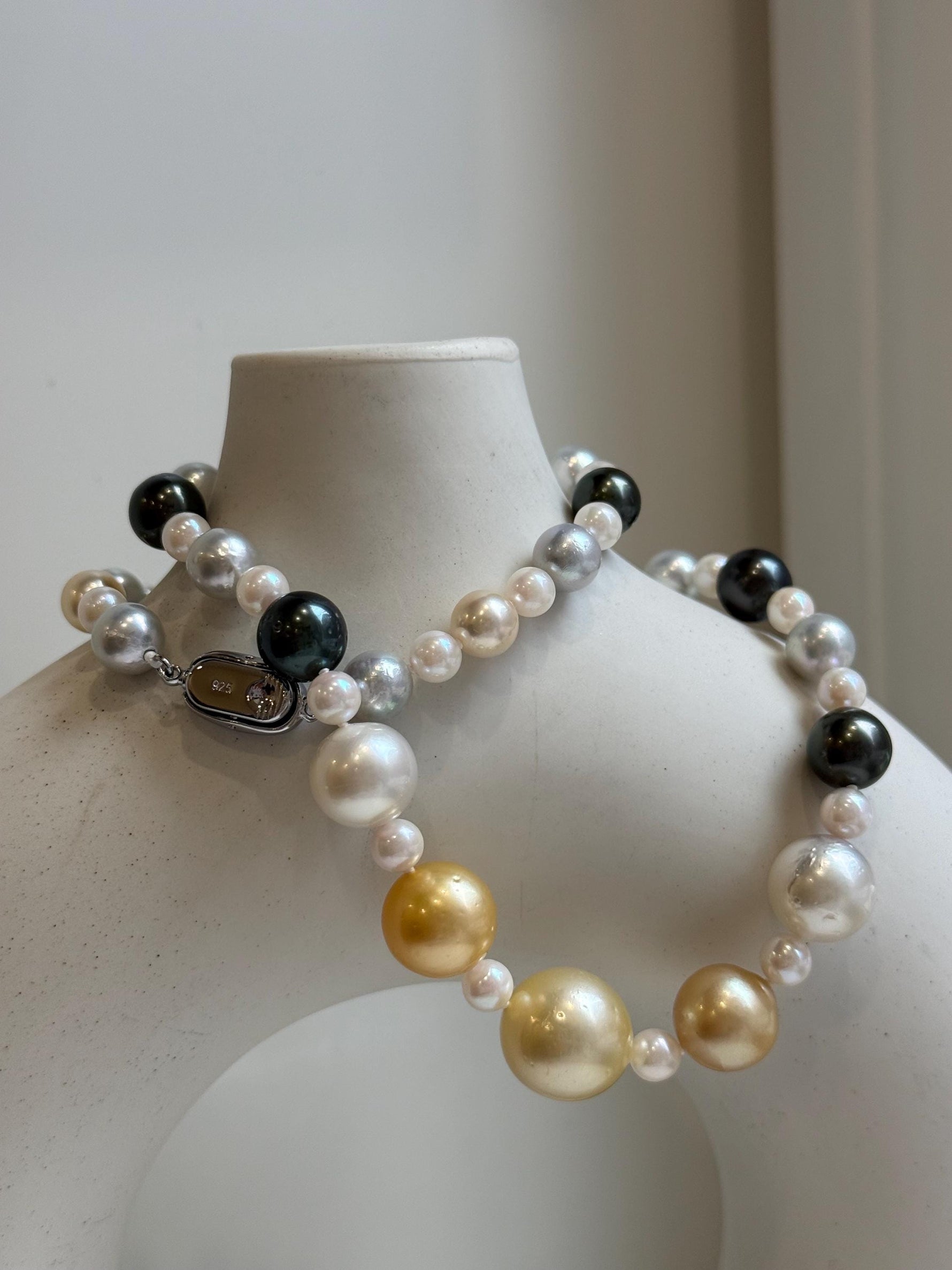 Elly’s 55pcs Multicolor ocean pearls necklace:Extreme luster mirrored, knotted, 18.7”, S925 silver necklace strand. high quality multicolor ocean pearls necklace strand