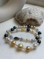 Elly’s 55pcs Multicolor ocean pearls necklace:Extreme luster mirrored, knotted, 18.7”, S925 silver necklace strand. high quality multicolor ocean pearls necklace strand