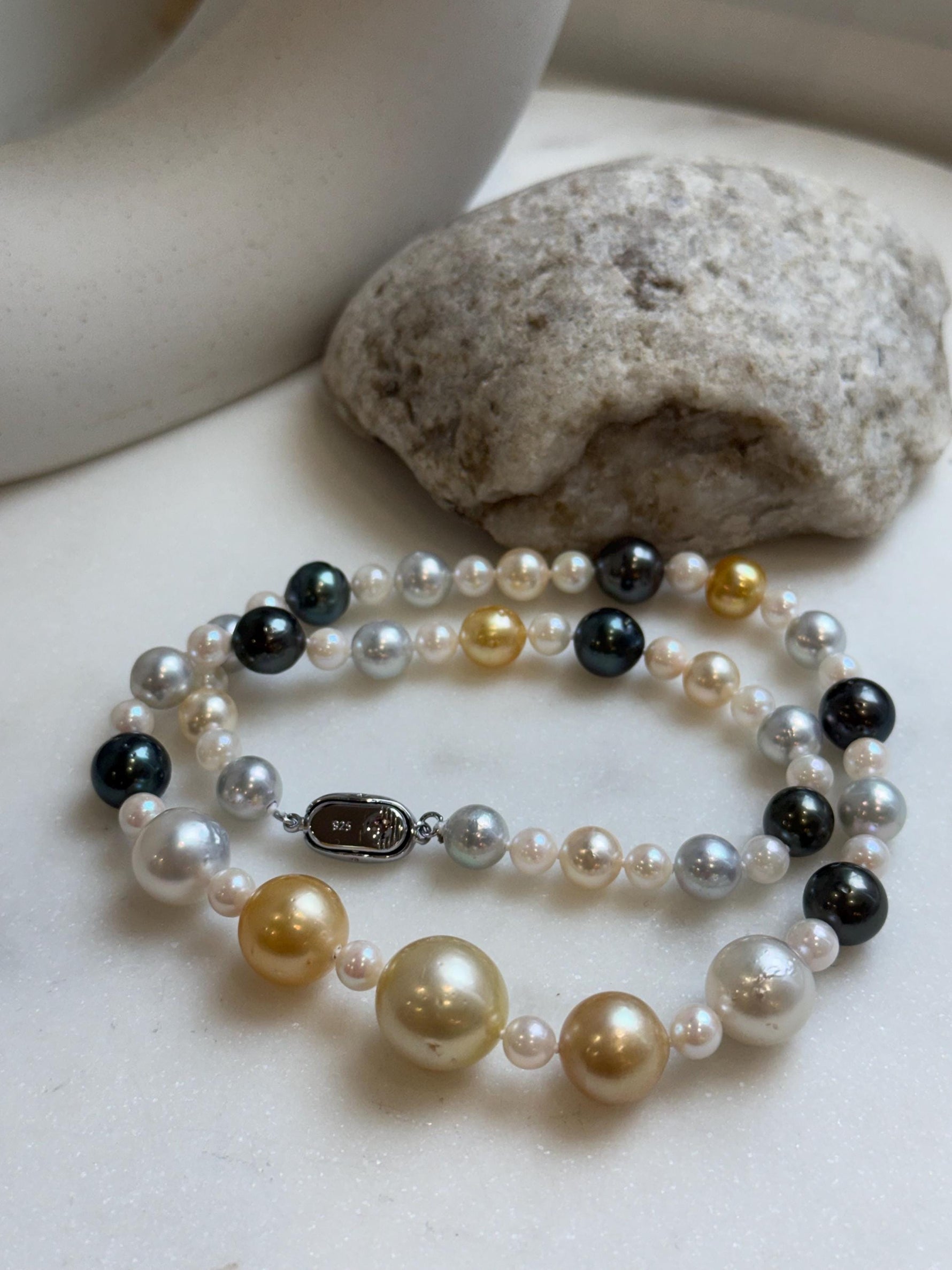 Elly’s 55pcs Multicolor ocean pearls necklace:Extreme luster mirrored, knotted, 18.7”, S925 silver necklace strand. high quality multicolor ocean pearls necklace strand