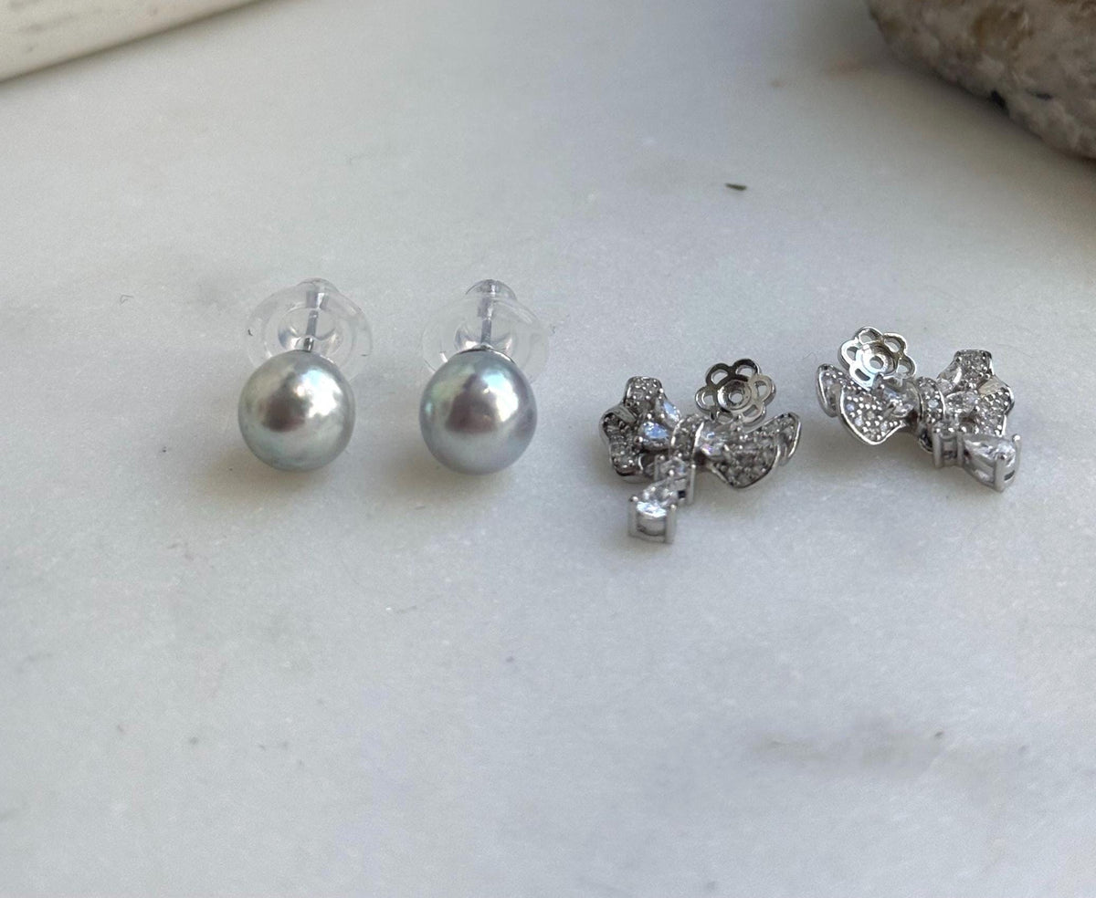Elly’s Set of 8.6mm Akoya Ocean Pearls Earrings Studs and Jacket: Extreme luster Mirrored, 1.5x2cm, S925 silver Earrings jacket and studs.gift for her