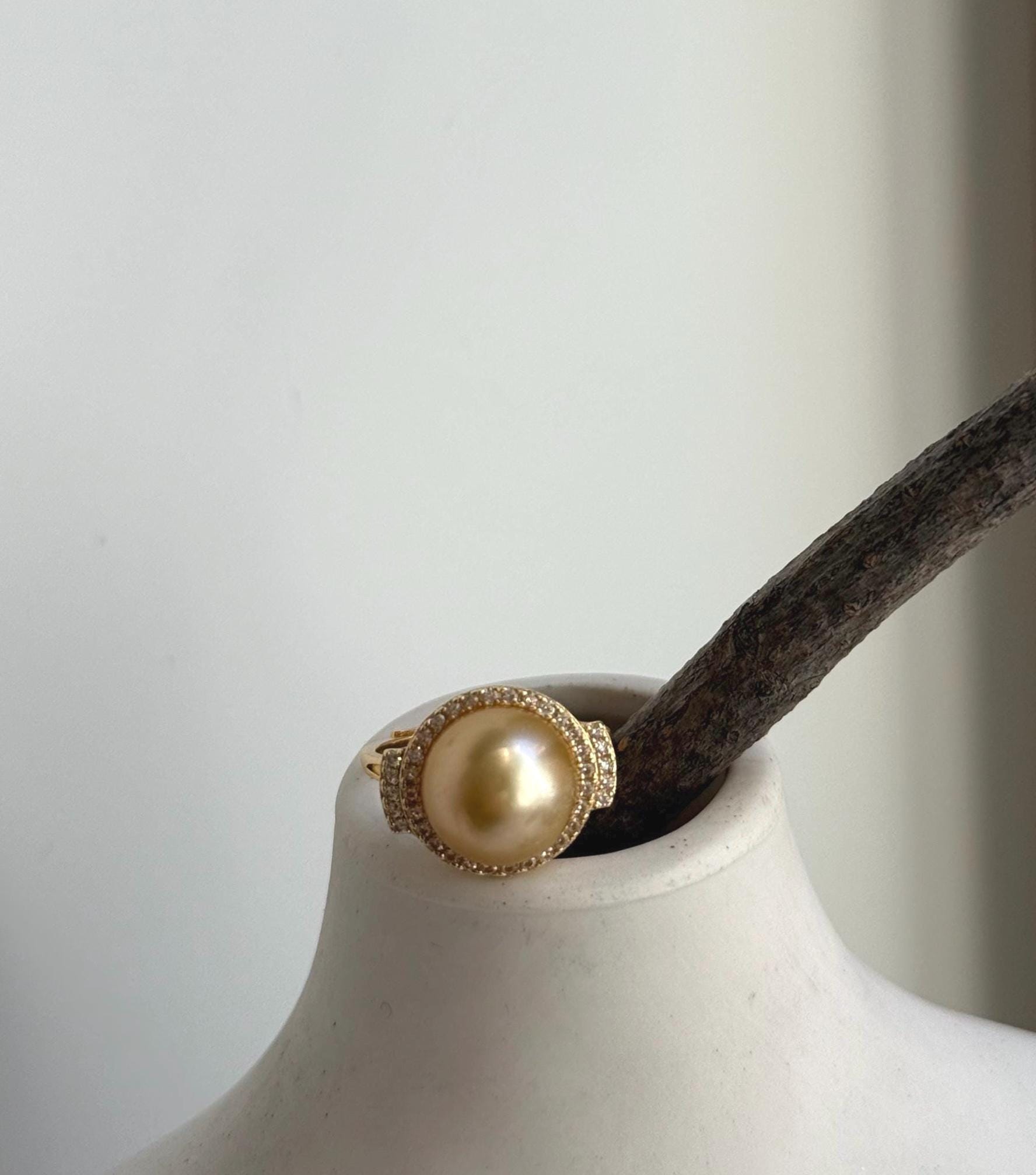 Elly’s 11.3mm South sea deep golden ocean pearl Ring: Extreme luster mirrored, S925 silver with gold plated adjustable Vintage Ring. gift for her anniversary