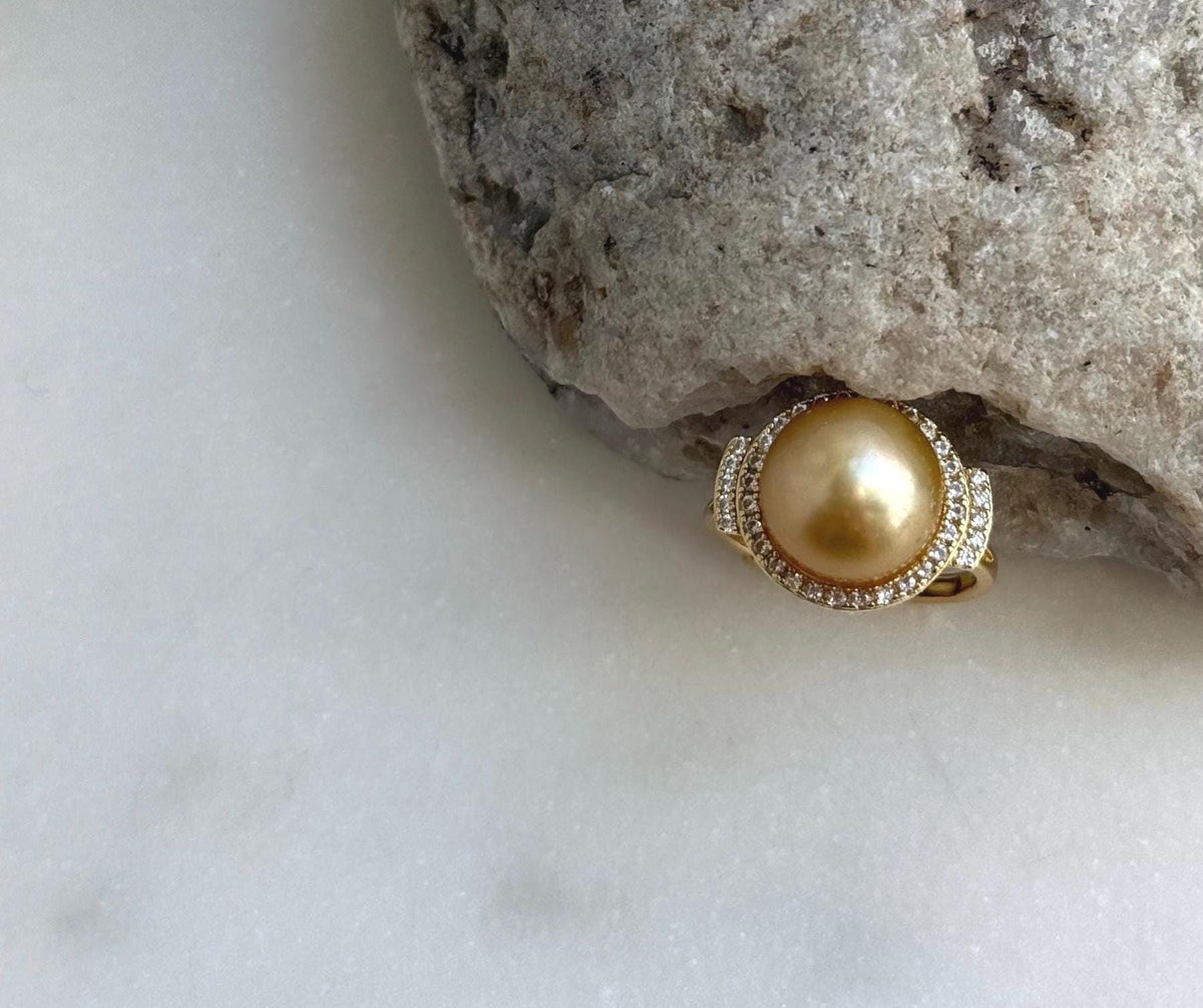 Elly’s 11.3mm South sea deep golden ocean pearl Ring: Extreme luster mirrored, S925 silver with gold plated adjustable Vintage Ring. gift for her
