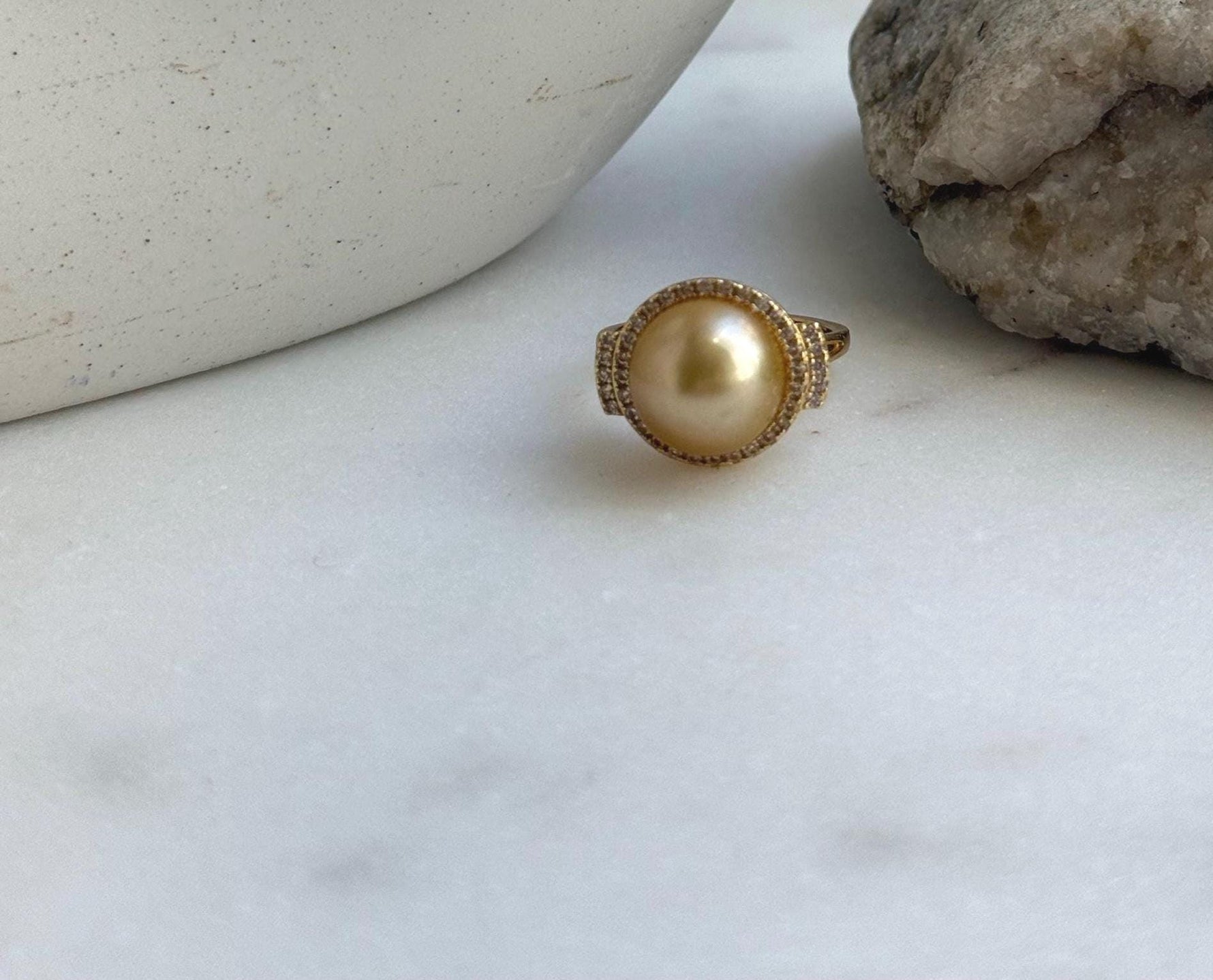 Elly’s 11.3mm South sea deep golden ocean pearl Ring: Extreme luster mirrored, S925 silver with gold plated adjustable Vintage Ring. gift for her daily office Ring