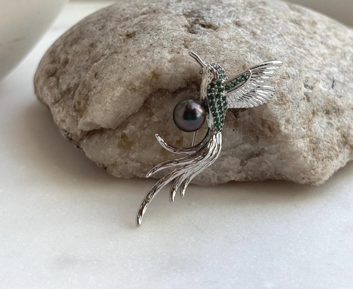 Elly’s Tahitian peacock hunter purple Ocean Pearl Bird Brooch pendant 2in1: Extreme luster mirrored, gift for her daily office brooch
