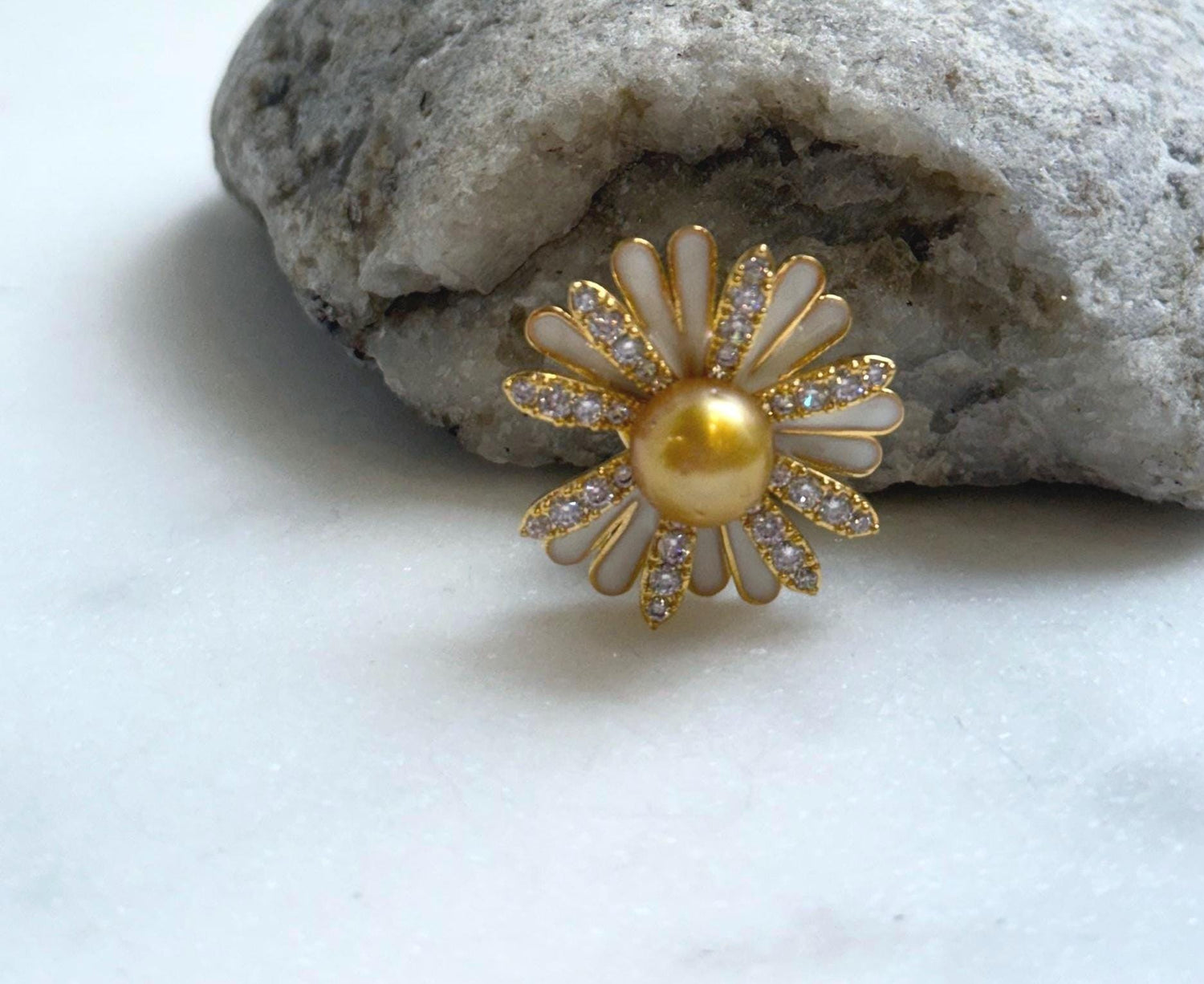Elly’s south sea golden ocean pearl Floral brooch: Extreme luster mirrored, 8.8mm. daily office golden floral brooch for her