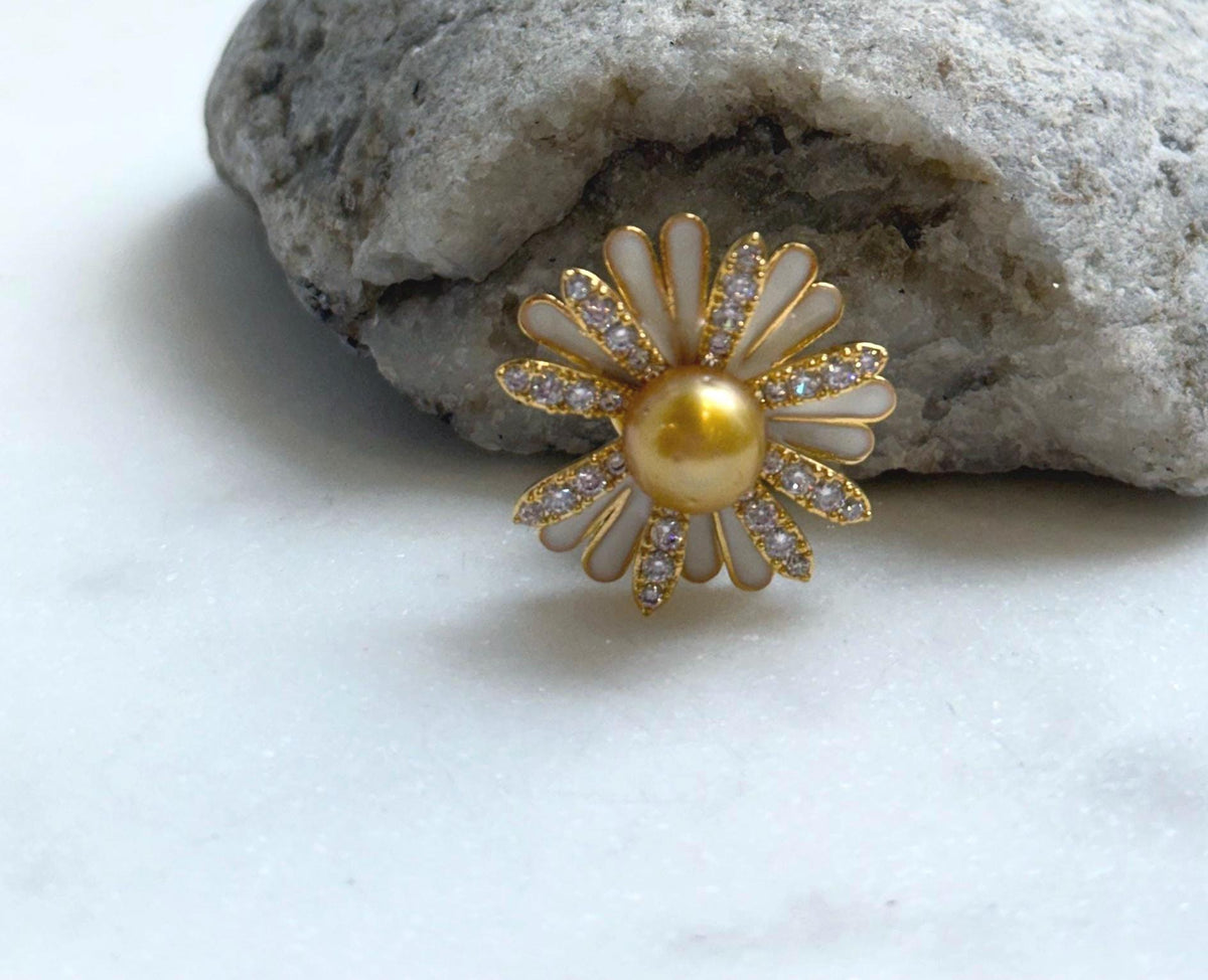 Elly’s south sea golden ocean pearl Floral brooch: Extreme luster mirrored, 8.8mm. daily office golden floral brooch for her