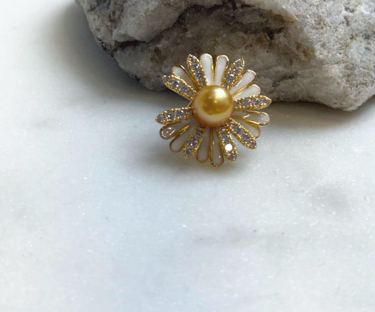 Elly’s south sea golden ocean pearl Floral brooch: Extreme luster mirrored, 8.8mm. daily office golden floral brooch for her