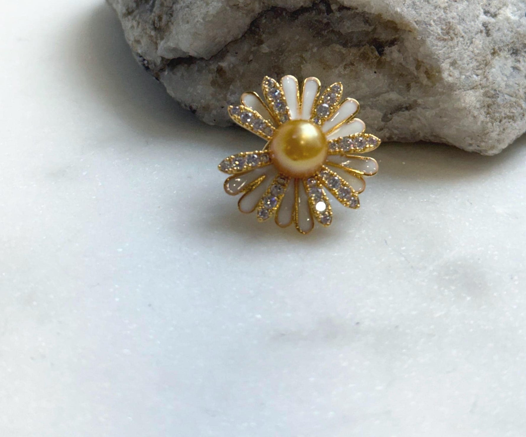 Elly’s south sea golden ocean pearl Floral brooch: Extreme luster mirrored, 8.8mm. daily office golden floral brooch for her