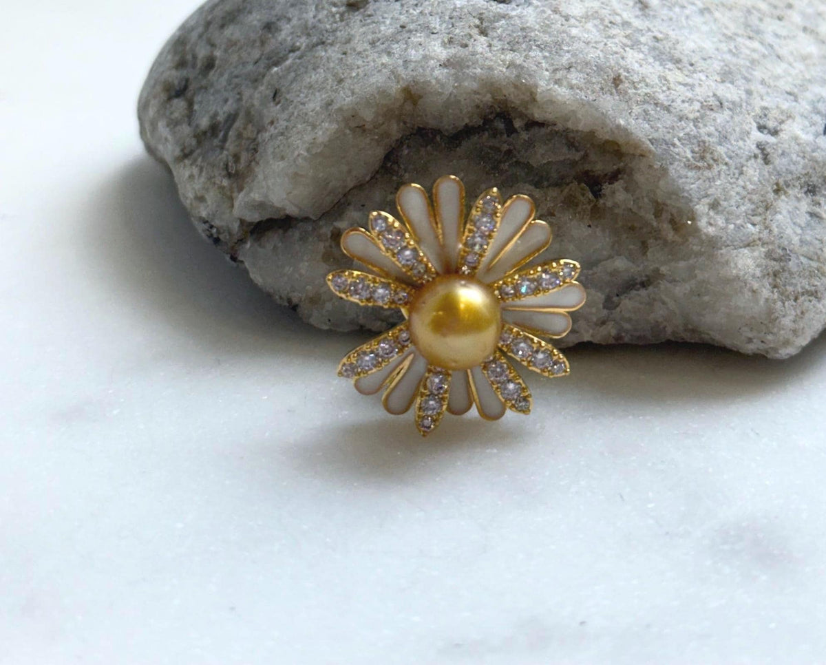 Elly’s south sea golden ocean pearl Floral brooch: Extreme luster mirrored, 8.8mm. daily office golden floral brooch for her