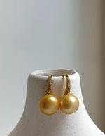 Elly’s 13.2mm Genius South sea golden ocean Pearls High-heel Earrings hooks: Strong luster, 2.5cm high, S925 silver cool earrings for her birthday anniversary daily office golden earrings