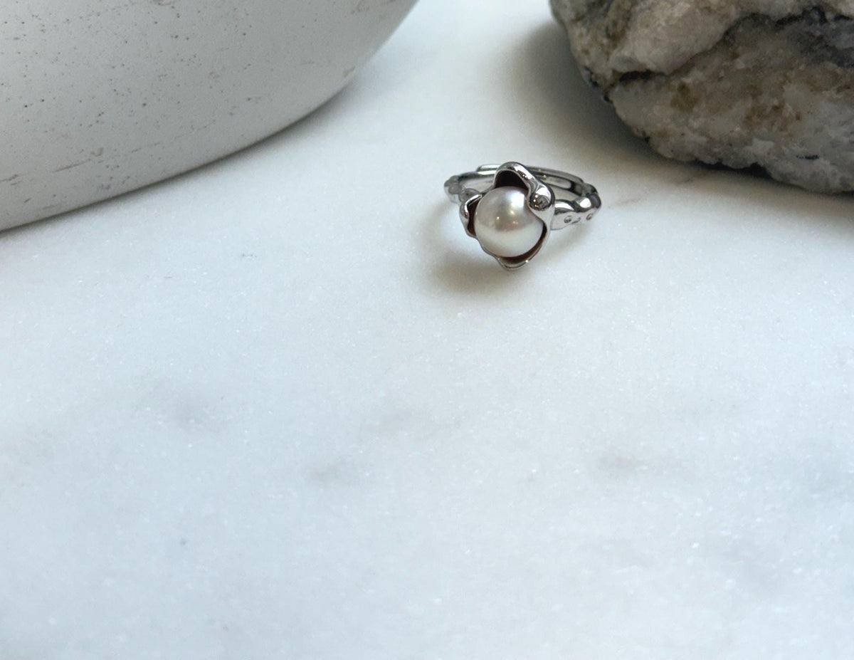 Elly’s 8.5mm Akoya off white ocean pearl Ring: Extreme luster mirrored, s925 silver adjustable ring. Pearl Jewelry Idea.