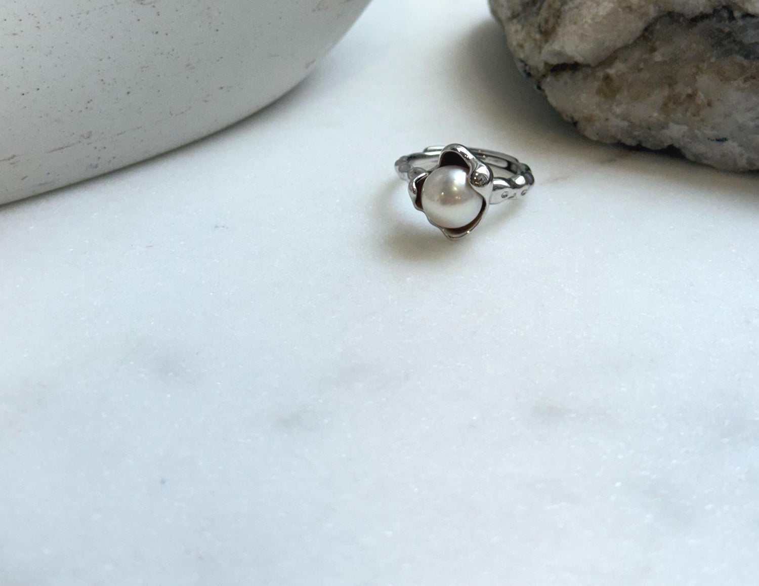 Elly’s 8.5mm Akoya off white ocean pearl Ring: Extreme luster mirrored, s925 silver adjustable ring. Pearl Jewelry Idea.