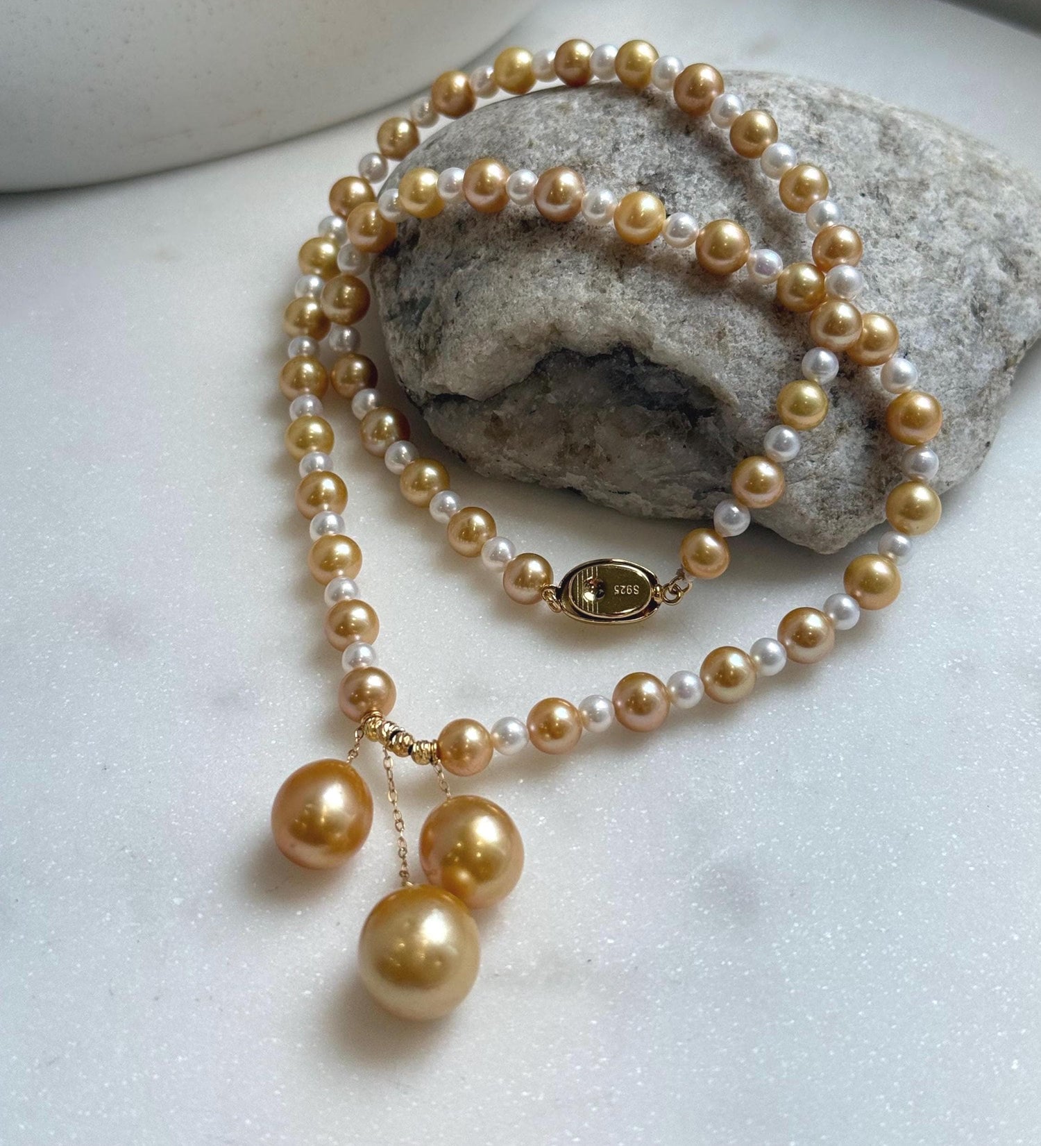 Elly’s 20.1” south sea golden ocean Freshwater Pearls Necklace: Extreme luster mirrored, S925 silver Fancy cool necklace.high quality daily office fancy cool golden pearls necklace