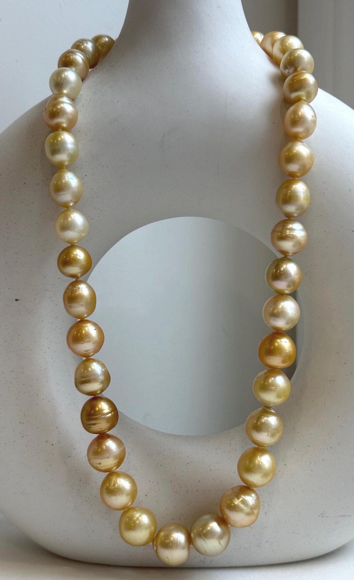 Elly’s 9.4-13.1mm 36pcs Genius natural South sea Golden Ocean Pearls Necklace: Extreme luster, 18.2” knotted, S925 silver necklace strand. high quality south sea golden pearls necklace for her