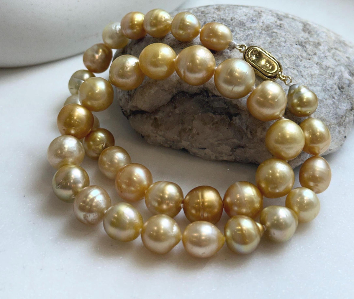 Elly’s 9.4-13.1mm 36pcs Genius natural South sea Golden Ocean Pearls Necklace: Extreme luster, 18.2” knotted, S925 silver necklace strand. high quality south sea golden pearls necklace for her birthday