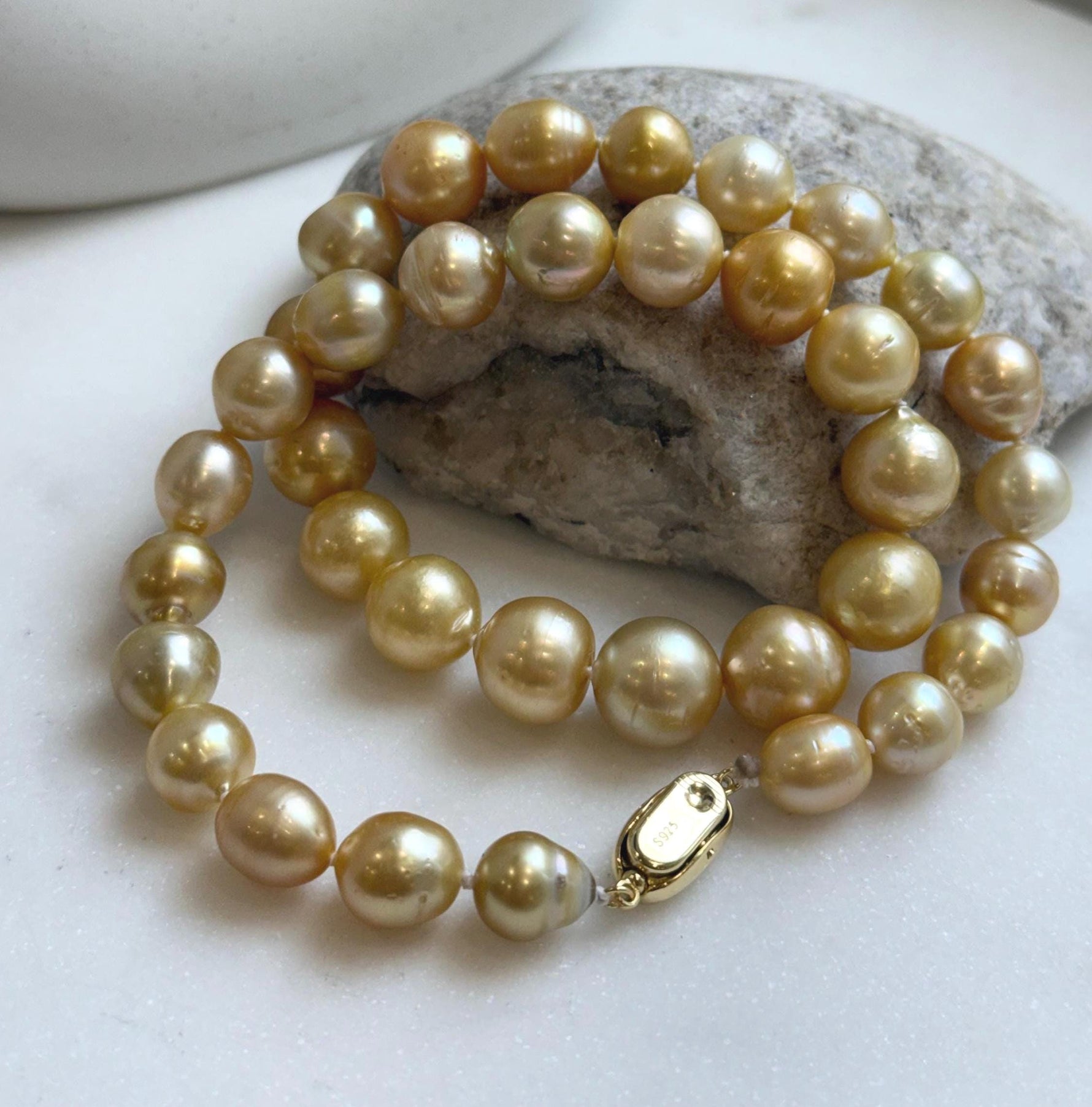 Elly’s 9.4-13.1mm 36pcs Genius natural South sea Golden Ocean Pearls Necklace: Extreme luster, 18.2” knotted, S925 silver necklace strand. high quality south sea golden pearls necklace for her daily office wear