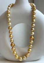 Elly’s 9.4-13.1mm 36pcs Genius natural South sea Golden Ocean Pearls Necklace: Extreme luster, 18.2” knotted, S925 silver necklace strand. high quality south sea golden pearls necklace for her