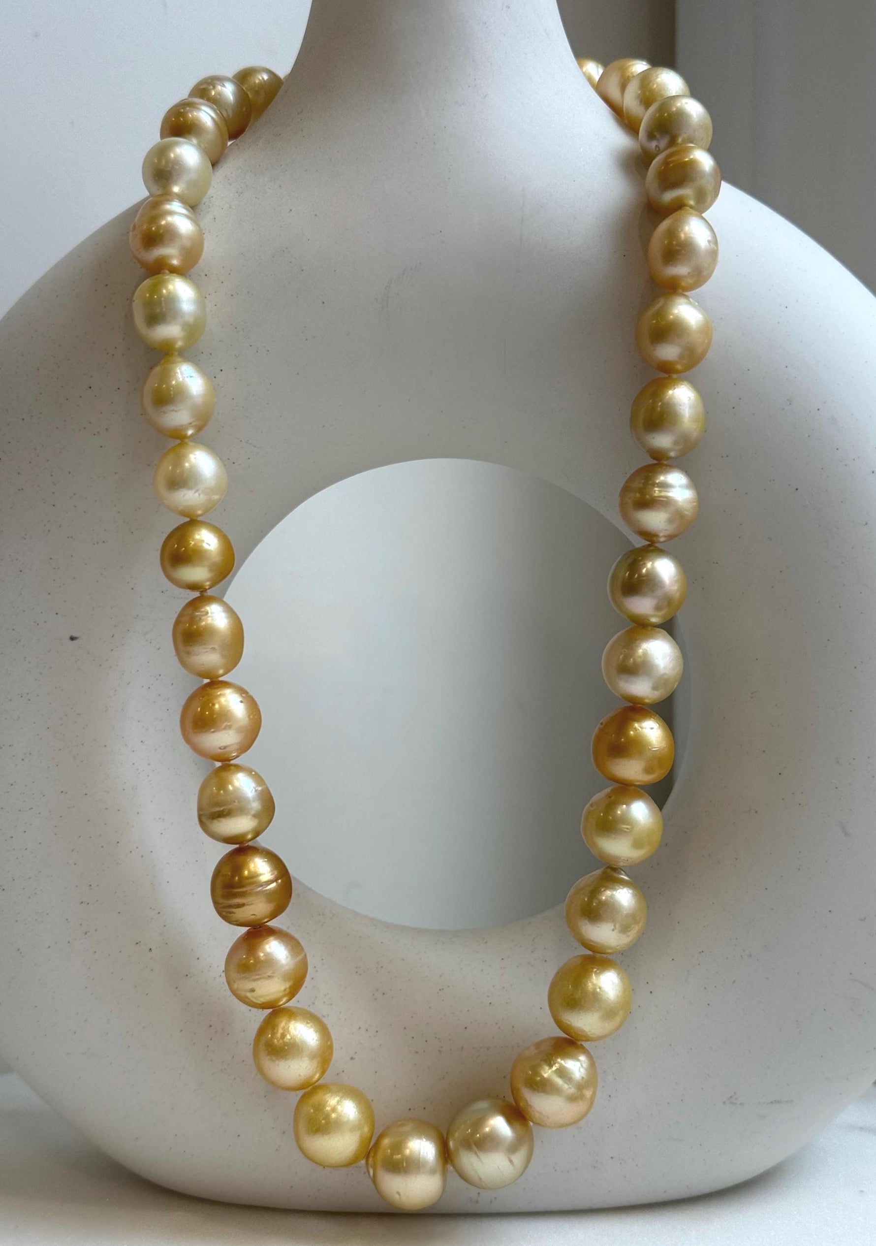 Elly’s 9.4-13.1mm 36pcs Genius natural South sea Golden Ocean Pearls Necklace: Extreme luster, 18.2” knotted, S925 silver necklace strand. high quality south sea golden pearls necklace for her